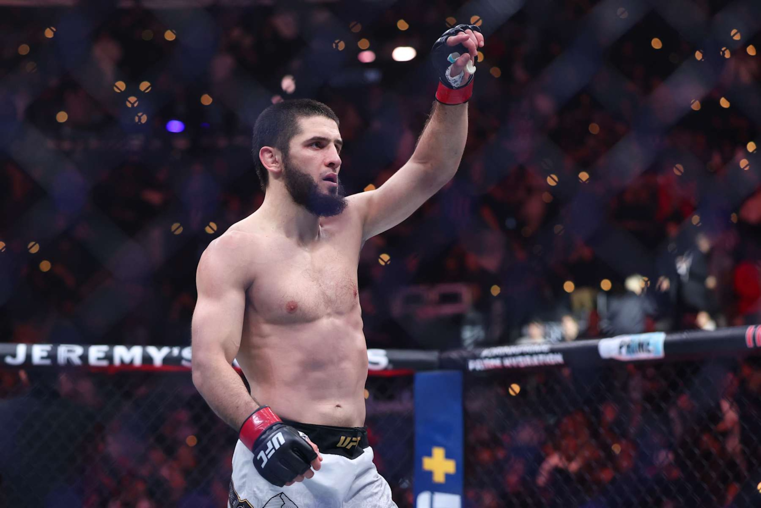INGLEWOOD, CALIFORNIA - JANUARY 18: Islam Makhachev of Russia reacts after his victor by submission over Renato Moicano of Brazil, not pictured, in a lightweight title fight during UFC 311 at Intuit Dome on January 18, 2025 in Inglewood, California. (Photo by Harry How/Getty Images) INGLEWOOD, CALIFORNIA - JANUARY 18: Islam Makhachev of Russia reacts after his victor by submission over Renato Moicano of Brazil, not pictured, in a lightweight title fight during UFC 311 at Intuit Dome on January 18, 2025 in Inglewood, California. (Photo by Harry How/Getty Images)