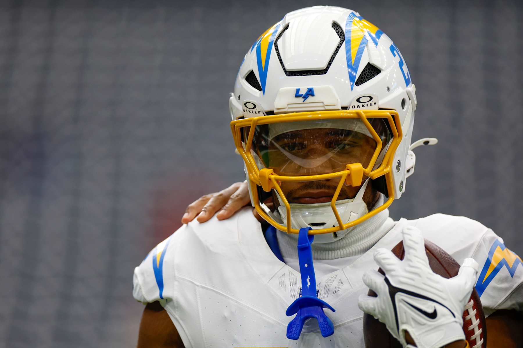 HOUSTON, TEXAS - JANUARY 11: J.K. Dobbins #27 of the Los Angeles Chargers warms up on the field prior to the AFC Wild Card Playoff game against the Houston Texans at NRG Stadium on January 11, 2025 in Houston, Texas. (Photo by Brandon Sloter/Getty Images)