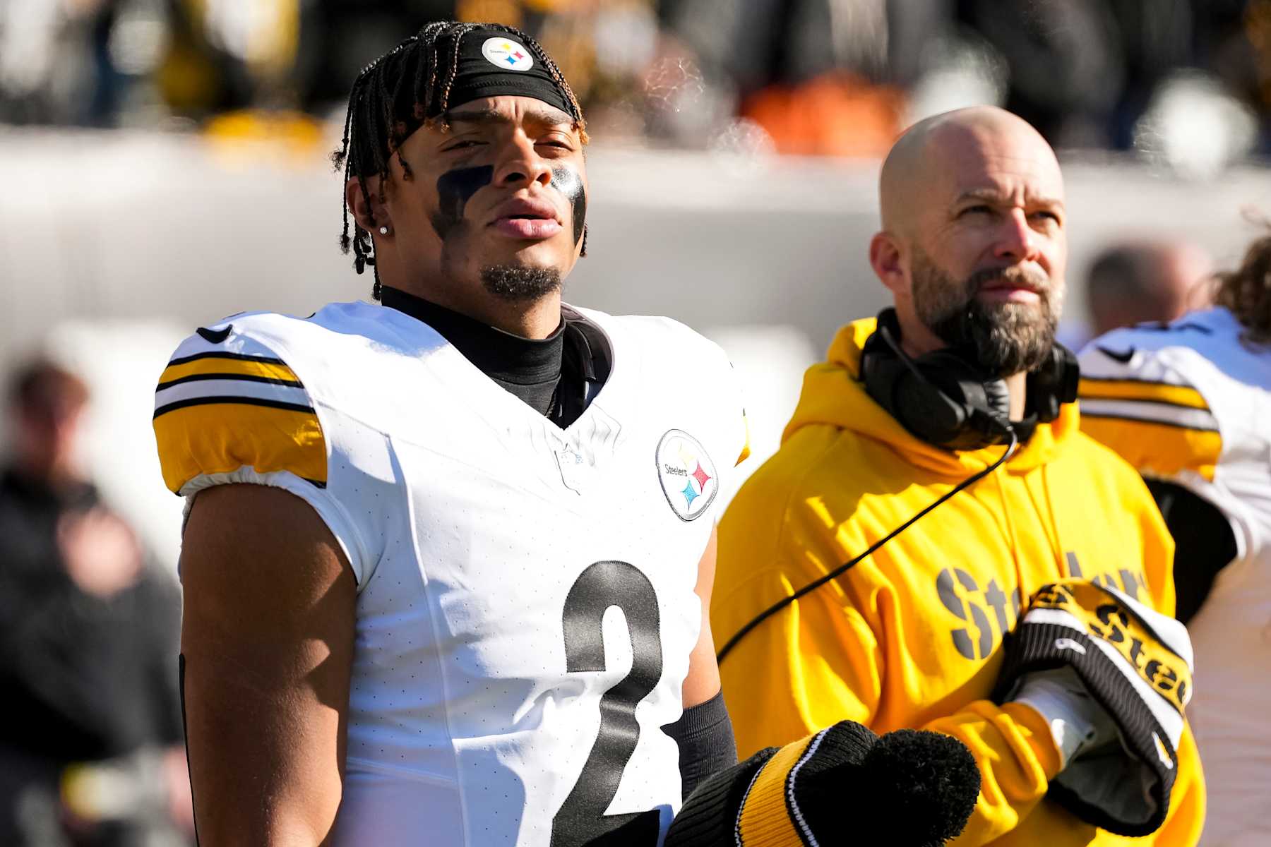CINCINNATI, OHIO - DECEMBER 1: Quarterback Justin Fields #2 of the Pittsburgh Steelers stands on the sidelines during the national anthem prior to an NFL football game against the Cincinnati Bengals, at Paycor Stadium on December 1, 2024 in Cincinnati, Ohio. (Photo by Todd Rosenberg/Getty Images)