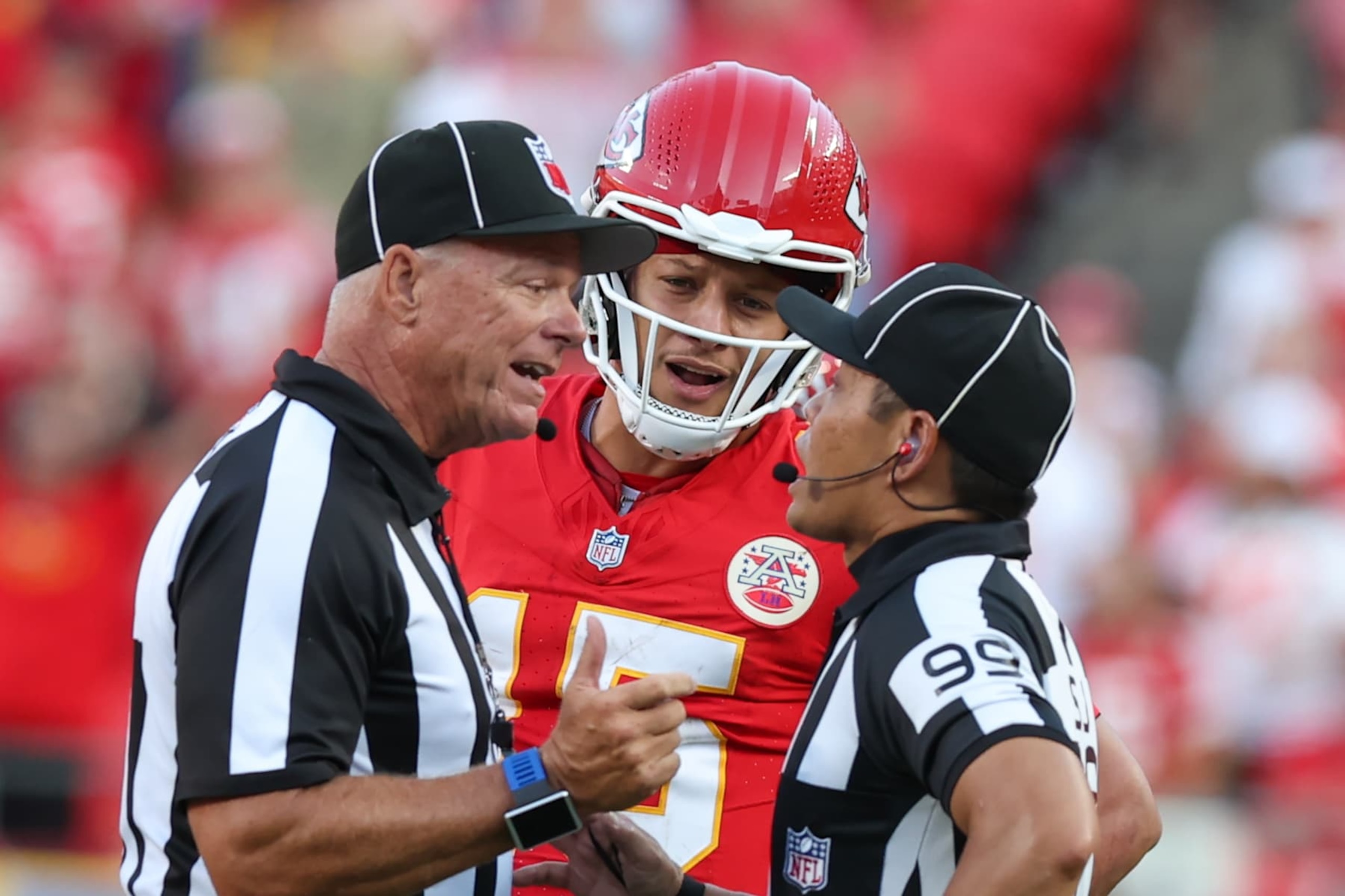 KANSAS CITY, MO - SEPTEMBER 15: Kansas City Chiefs quarterback Patrick Mahomes (15) looks in as the referees discuss a pass interference call on 4th and 16 late in the fourth quarter of an NFL game between the Cincinnati Bengals and Kansas City Chiefs on September 15, 2024 at GEHA Field at Arrowhead Stadium in Kansas City, MO. (Photo by Scott Winters/Icon Sportswire via Getty Images) KANSAS CITY, MO - SEPTEMBER 15: Kansas City Chiefs quarterback Patrick Mahomes (15) looks in as the referees discuss a pass interference call on 4th and 16 late in the fourth quarter of an NFL game between the Cincinnati Bengals and Kansas City Chiefs on September 15, 2024 at GEHA Field at Arrowhead Stadium in Kansas City, MO. (Photo by Scott Winters/Icon Sportswire via Getty Images)