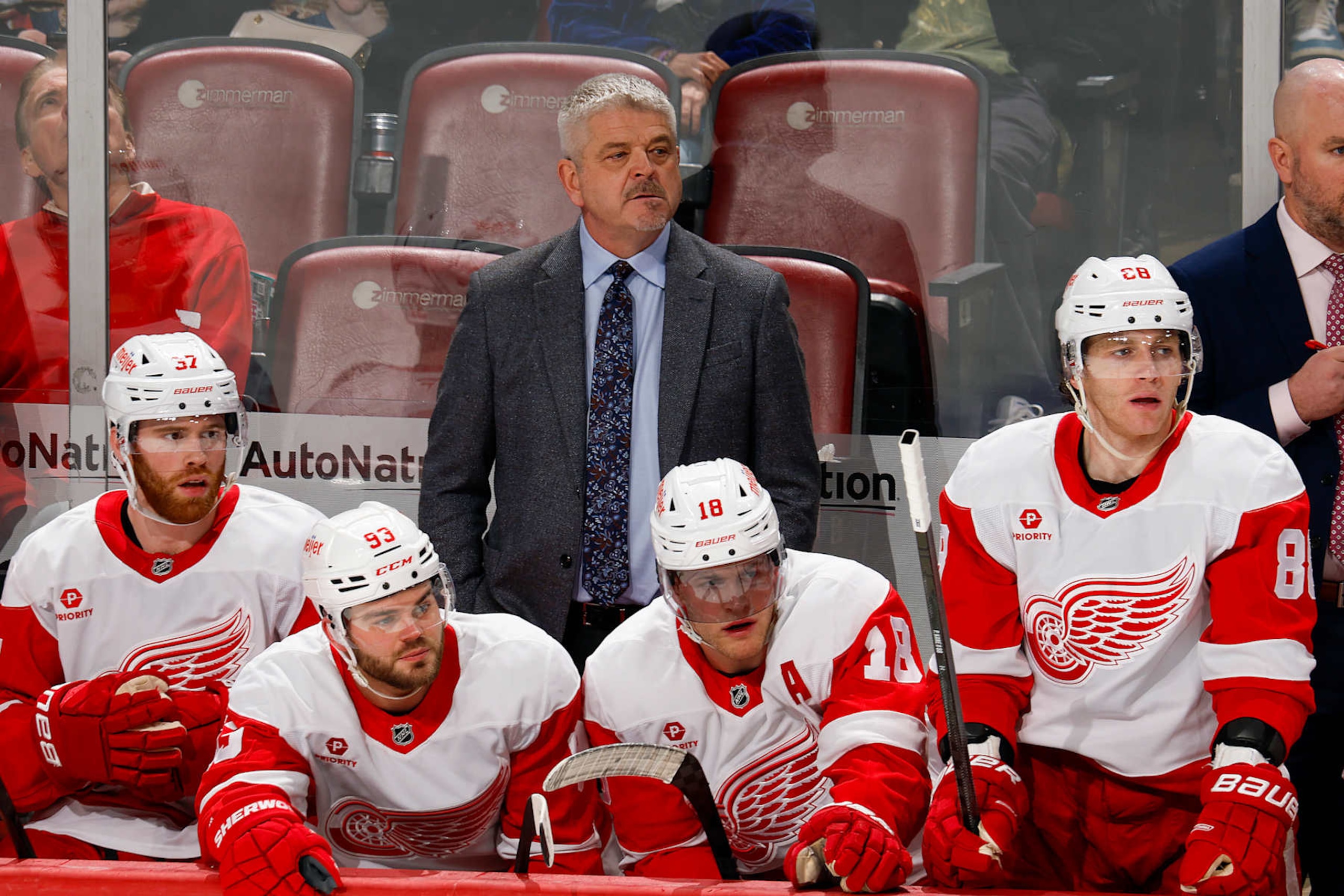 SUNRISE, FL - JANUARY 16: Head coach Todd McLellan of the Detroit Red Wings looks on during third period action against the Florida Panthers at the Amerant Bank Arena on January 16, 2025 in Sunrise, Florida. (Photo by Joel Auerbach/Getty Images)