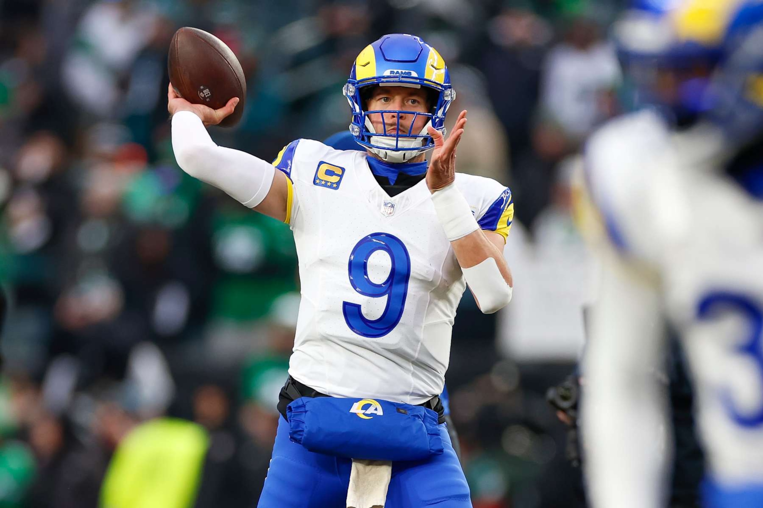 PHILADELPHIA, PENNSYLVANIA - JANUARY 19: Matthew Stafford #9 of the Los Angeles Rams warms up on the field prior to the NFC Divisional Playoff game against the Philadelphia Eagles at Lincoln Financial Field on January 19, 2025 in Philadelphia, Pennsylvania. (Photo by Brandon Sloter/Getty Images) PHILADELPHIA, PENNSYLVANIA - JANUARY 19: Matthew Stafford #9 of the Los Angeles Rams warms up on the field prior to the NFC Divisional Playoff game against the Philadelphia Eagles at Lincoln Financial Field on January 19, 2025 in Philadelphia, Pennsylvania. (Photo by Brandon Sloter/Getty Images)