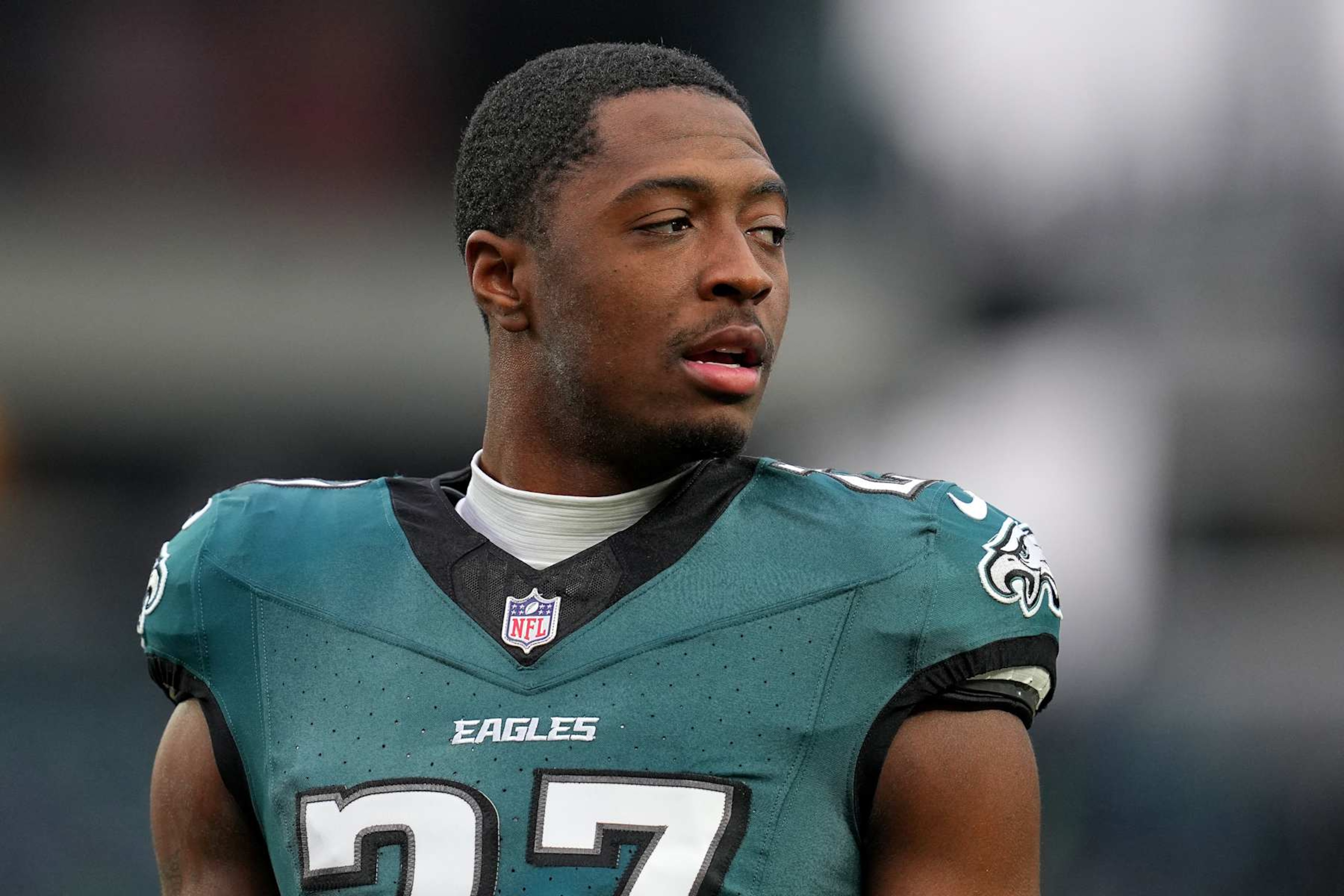 PHILADELPHIA, PENNSYLVANIA - JANUARY 19: Quinyon Mitchell #27 of the Philadelphia Eagles warms up before the game against the Los Angeles Rams during the NFC Divisional Playoff at Lincoln Financial Field on January 19, 2025 in Philadelphia, Pennsylvania. (Photo by Mitchell Leff/Getty Images) PHILADELPHIA, PENNSYLVANIA - JANUARY 19: Quinyon Mitchell #27 of the Philadelphia Eagles warms up before the game against the Los Angeles Rams during the NFC Divisional Playoff at Lincoln Financial Field on January 19, 2025 in Philadelphia, Pennsylvania. (Photo by Mitchell Leff/Getty Images)