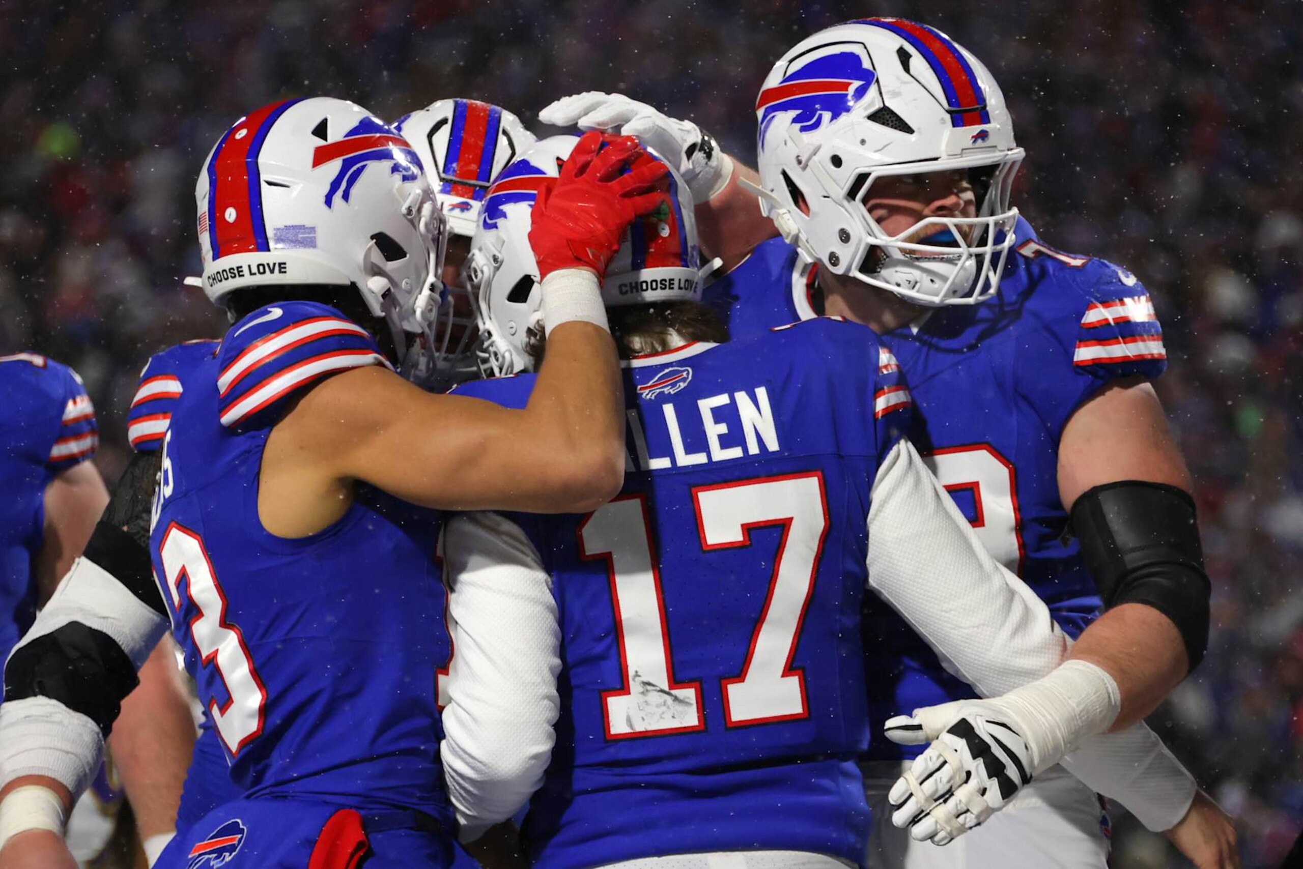 ORCHARD PARK, NEW YORK - JANUARY 19: Josh Allen #17 of the Buffalo Bills celebrates a touchdown with teammates against the Baltimore Ravens in the second quarter during the AFC Divisional Playoff at Highmark Stadium on January 19, 2025 in Orchard Park, New York. (Photo by Timothy T Ludwig/Getty Images) ORCHARD PARK, NEW YORK - JANUARY 19: Josh Allen #17 of the Buffalo Bills celebrates a touchdown with teammates against the Baltimore Ravens in the second quarter during the AFC Divisional Playoff at Highmark Stadium on January 19, 2025 in Orchard Park, New York. (Photo by Timothy T Ludwig/Getty Images)