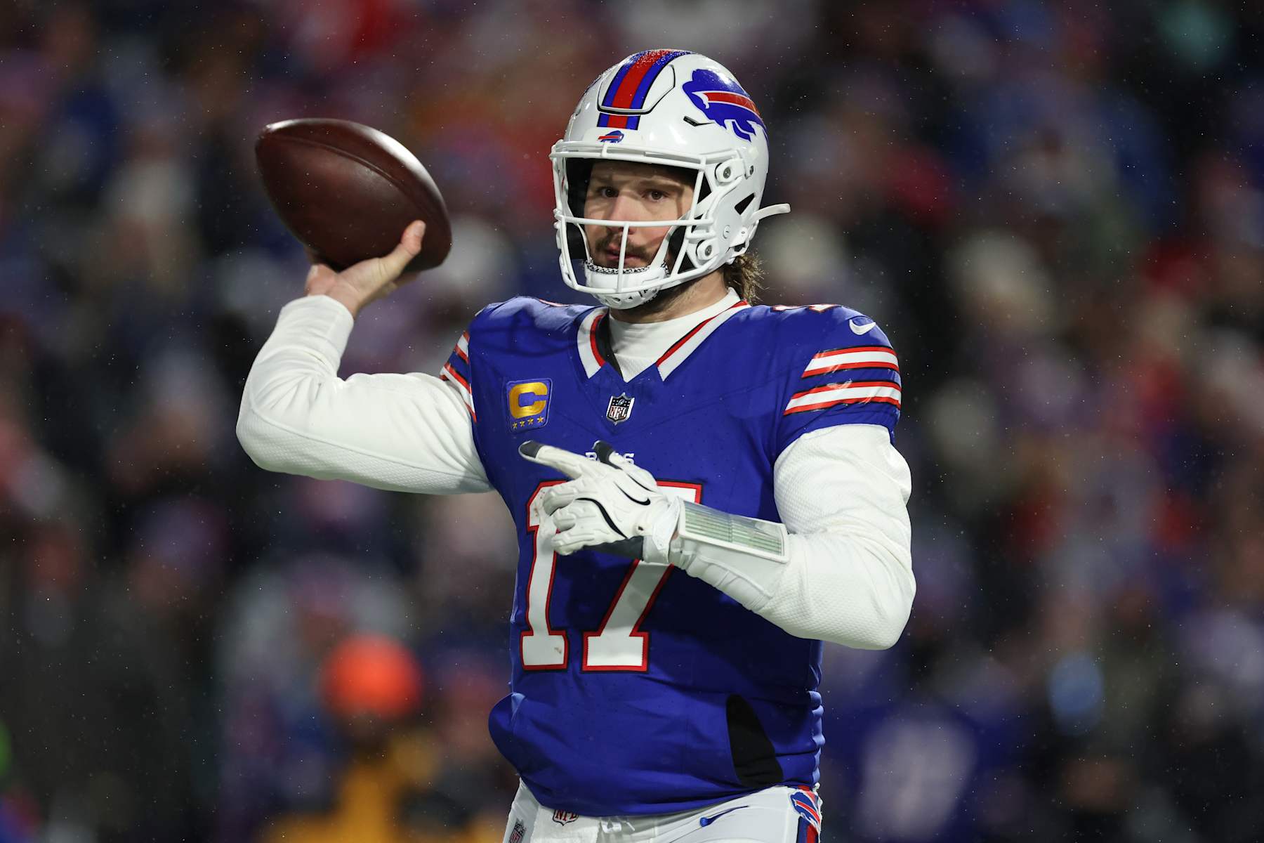 ORCHARD PARK, NEW YORK - JANUARY 19: Josh Allen #17 of the Buffalo Bills throws a pass against the Baltimore Ravens in the third quarter during the AFC Divisional Playoff at Highmark Stadium on January 19, 2025 in Orchard Park, New York. (Photo by Al Bello/Getty Images) ORCHARD PARK, NEW YORK - JANUARY 19: Josh Allen #17 of the Buffalo Bills throws a pass against the Baltimore Ravens in the third quarter during the AFC Divisional Playoff at Highmark Stadium on January 19, 2025 in Orchard Park, New York. (Photo by Al Bello/Getty Images)