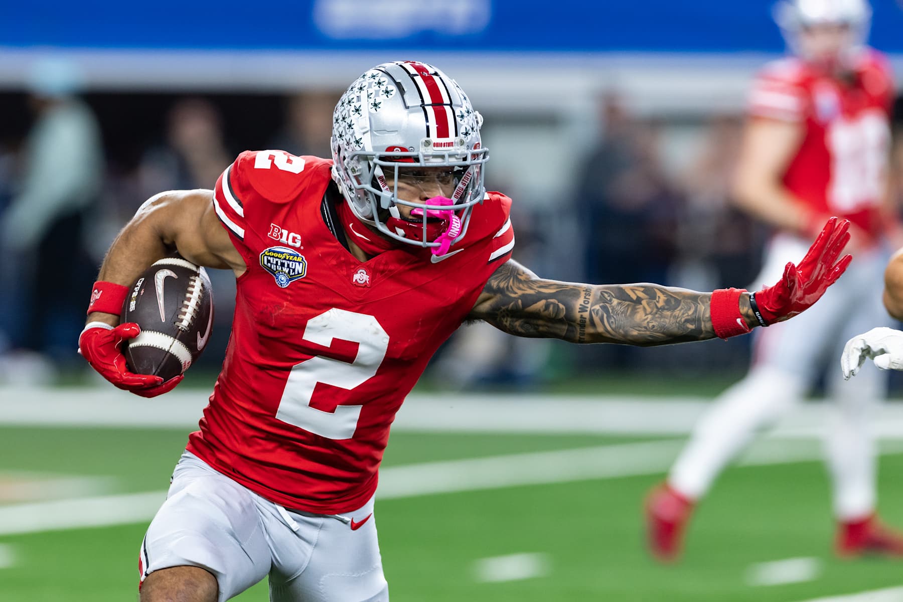 ARLINGTON, TX - JANUARY 10: Ohio State Buckeyes wide receiver Emeka Egbuka (#2) runs up field during the CFP Semifinal Cotton Bowl Classic football game between the Ohio State Buckeyes and Texas Longhorns on January 10, 2025 at AT&T Stadium in Arlington, TX.  (Photo by Matthew Visinsky/Icon Sportswire via Getty Images)