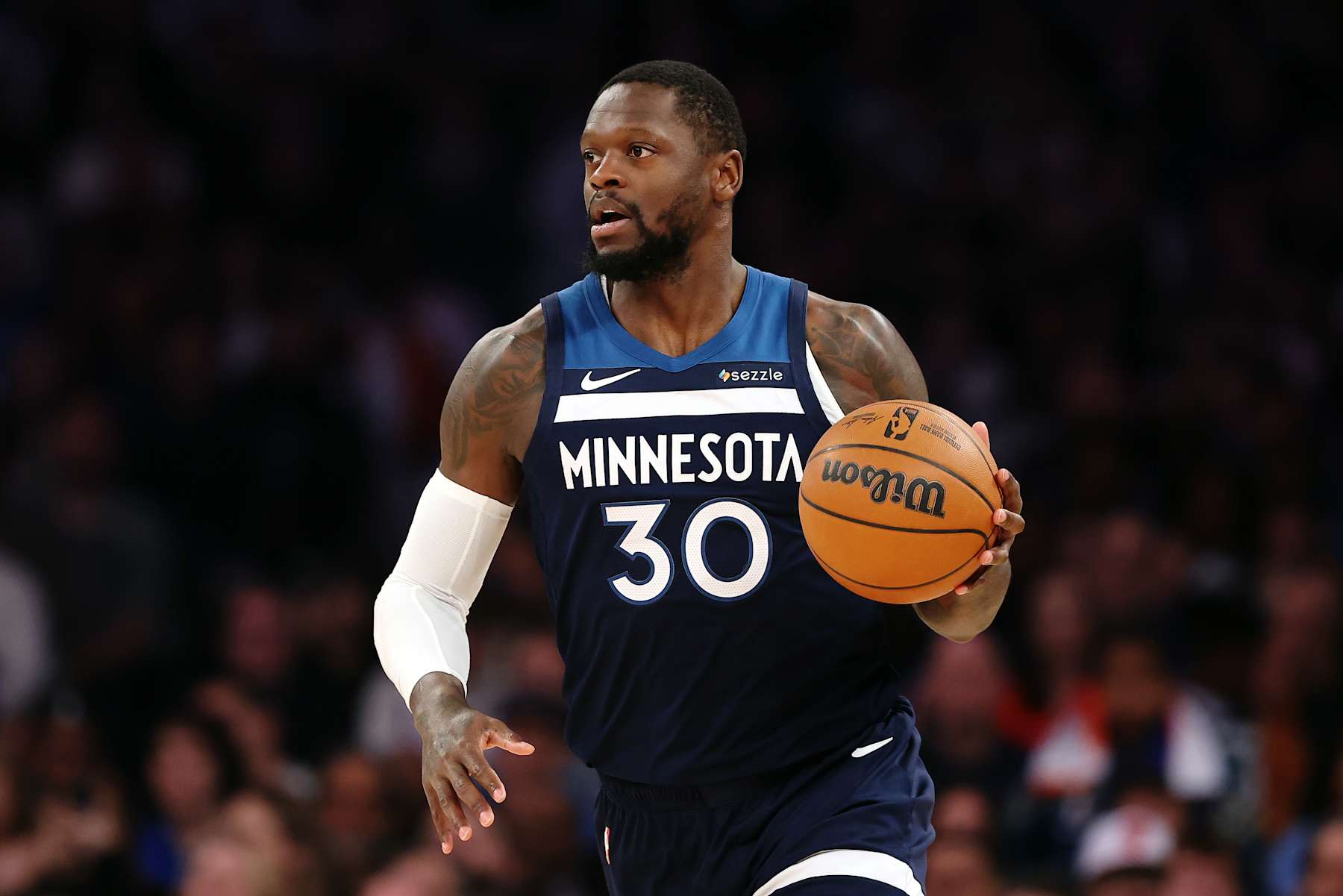 NEW YORK, NEW YORK - JANUARY 17: Julius Randle #30 of the Minnesota Timberwolves dribbles during the first half against the New York Knicks at Madison Square Garden on January 17, 2025 in New York City. NOTE TO USER: User expressly acknowledges and agrees that, by downloading and or using this photograph, User is consenting to the terms and conditions of the Getty Images License Agreement. (Photo by Sarah Stier/Getty Images)