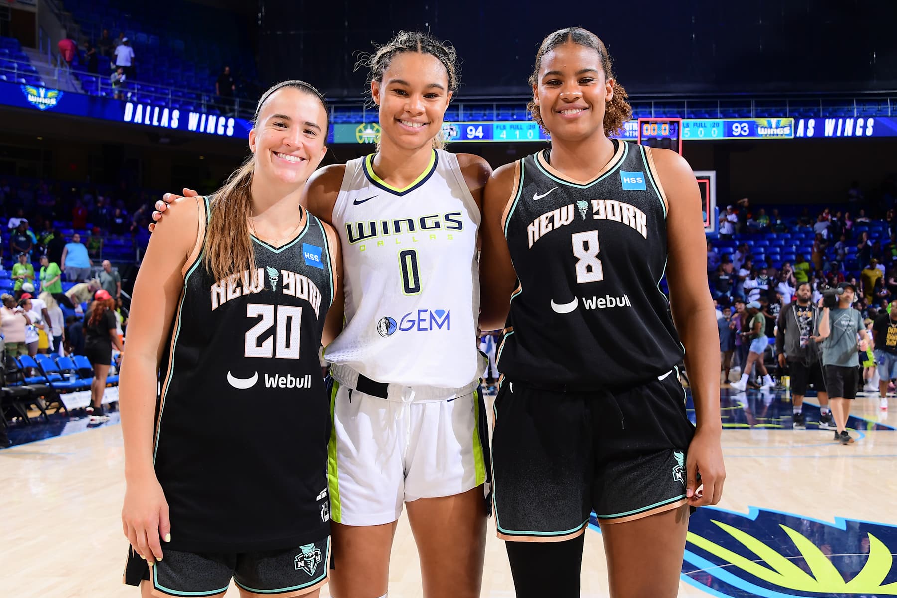 ARLINGTON, TX -  SEPTEMBER 5: Sabrina Ionescu #20 and Nyara Sabally #8 of the New York Liberty pose for a photo with Satou Sabally #0 of the Dallas Wings after the game on September 5, 2023 at the College Park Center in Arlington, TX. NOTE TO USER: User expressly acknowledges and agrees that, by downloading and or using this photograph, User is consenting to the terms and conditions of the Getty Images License Agreement. Mandatory Copyright Notice: Copyright 2023 NBAE (Photo by Michael Gonzales/NBAE via Getty Images)