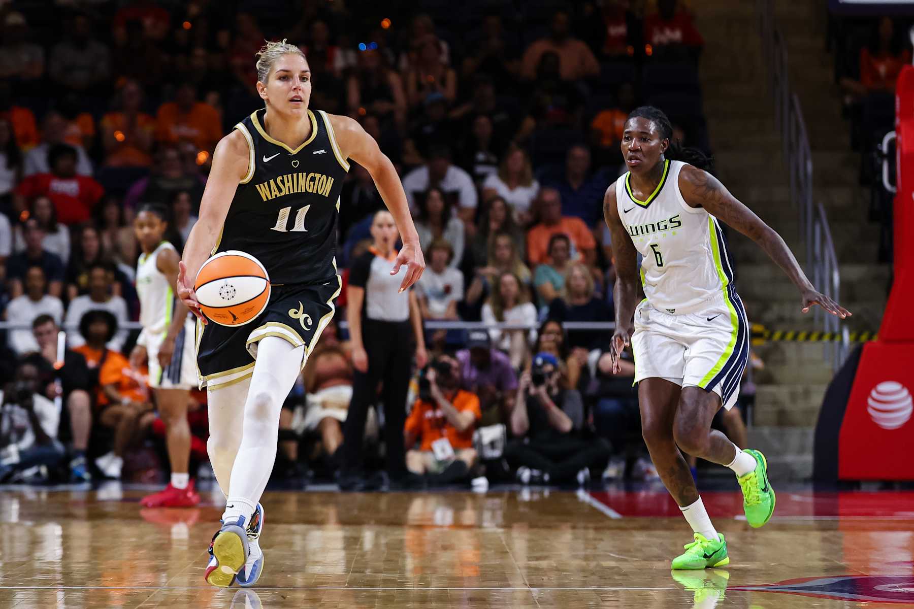 WASHINGTON, DC - JUNE 02: Elena Delle Donne #11 of the Washington Mystics dribbles the ball against the Dallas Wings during the second half of the game at Entertainment & Sports Arena on June 2, 2023 in Washington, DC. NOTE TO USER: User expressly acknowledges and agrees that, by downloading and or using this photograph, User is consenting to the terms and conditions of the Getty Images License Agreement. (Photo by Scott Taetsch/Getty Images)
