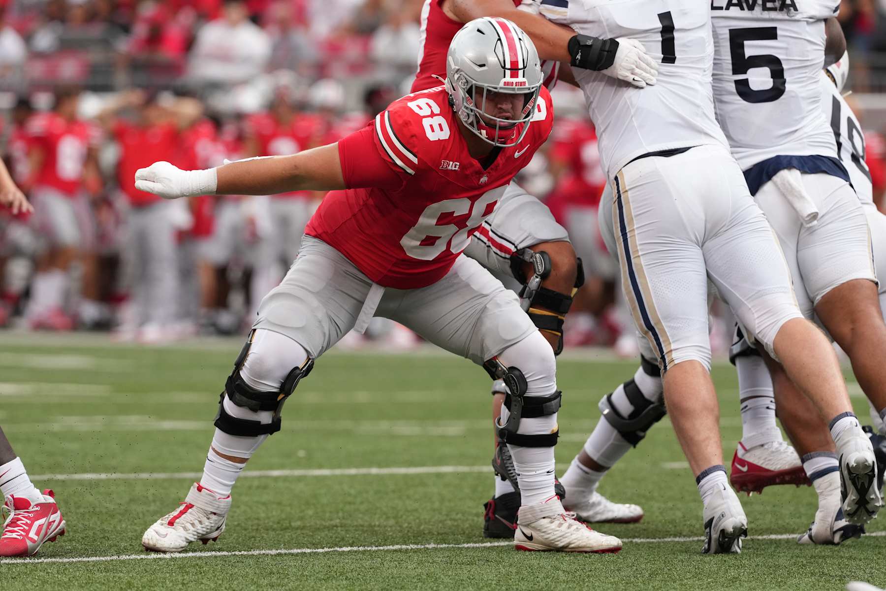 COLUMBUS, OHIO - AUGUST 31: Offensive lineman George Fitzpatrick #68 of the Ohio State Buckeyes in action during the game against the `v at Ohio Stadium on August 31, 2024 in Columbus, Ohio. (Photo by Jason Mowry/Getty Images)