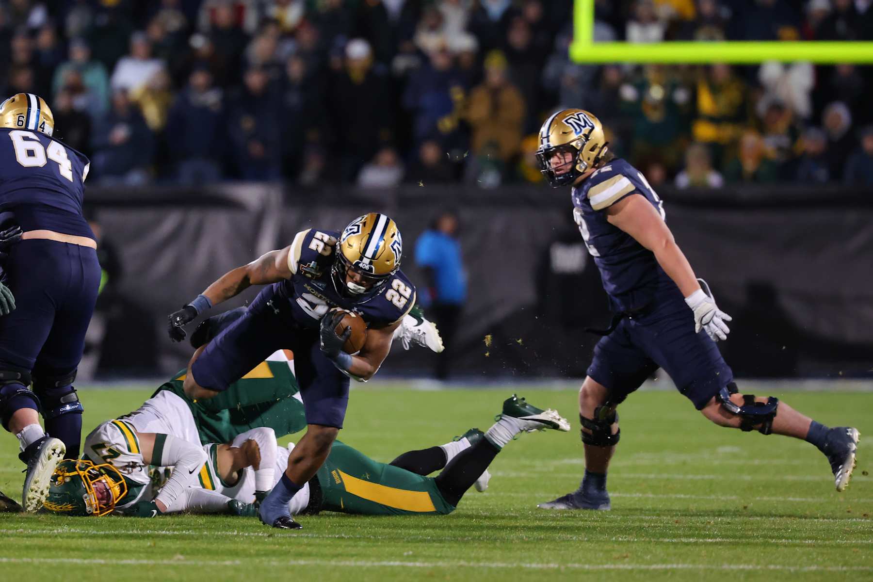 FRISCO, TEXAS - JANUARY 6: Scottre Humphrey #22 of the Montana State Bobcats rushes against the North Dakota State Bison during the Division I FCS Football Championship held at Toyota Stadium on January 6, 2025 in Frisco, Texas. (Photo by C. Morgan Engel/NCAA Photos via Getty Images
