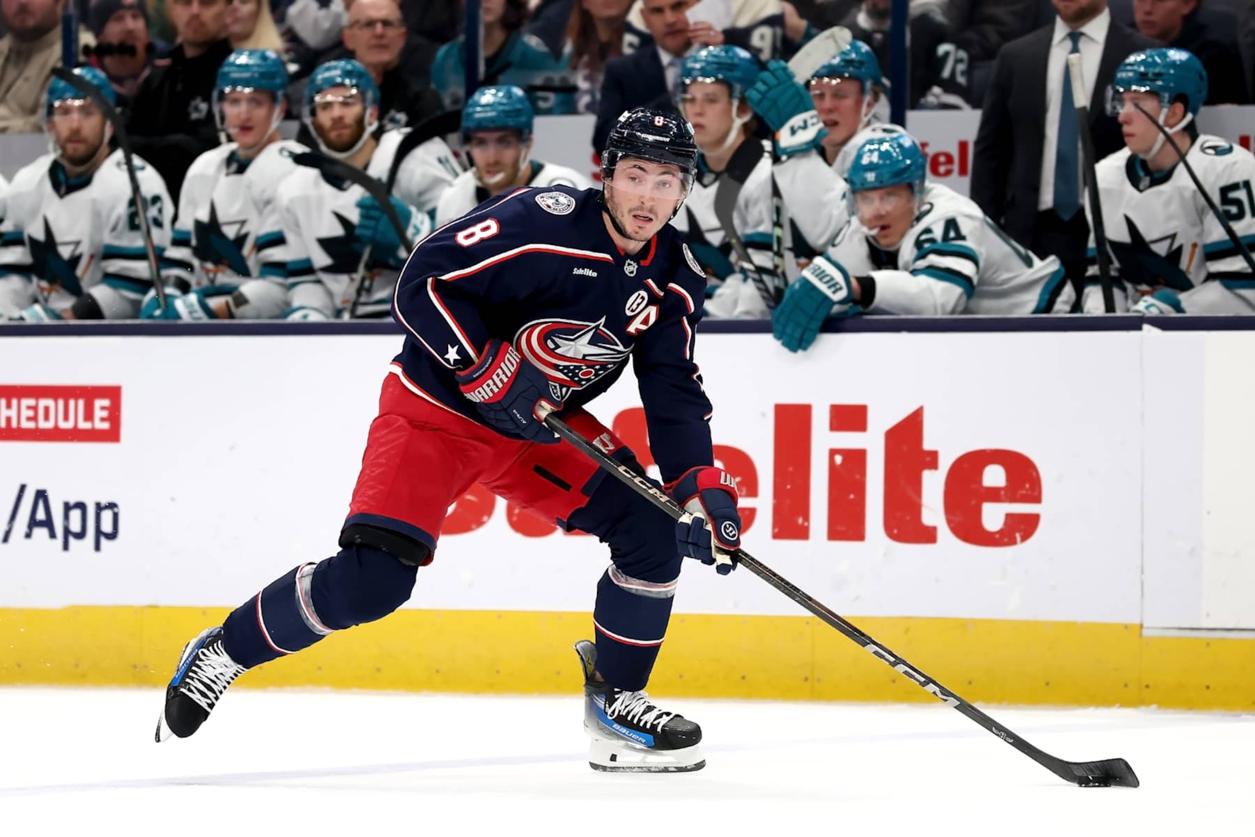 COLUMBUS, OHIO - JANUARY 16: Zach Werenski #8 of the Columbus Blue Jackets controls the puck during the game against the San Jose Sharks at Nationwide Arena on January 16, 2025 in Columbus, Ohio. (Photo by Kirk Irwin/NHLI via Getty Images) COLUMBUS, OHIO - JANUARY 16: Zach Werenski #8 of the Columbus Blue Jackets controls the puck during the game against the San Jose Sharks at Nationwide Arena on January 16, 2025 in Columbus, Ohio. (Photo by Kirk Irwin/NHLI via Getty Images)