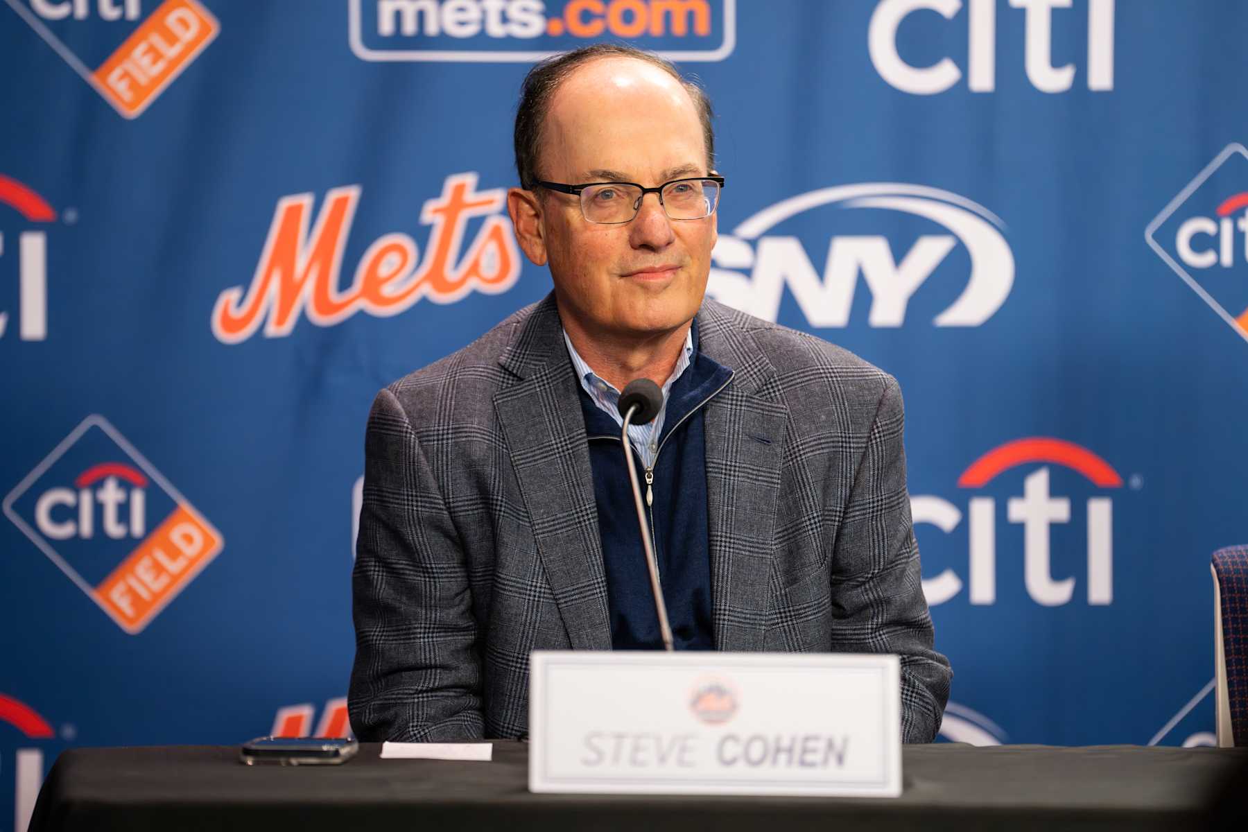 NEW YORK, NY - DECEMBER 12: New York Mets owner Steve Cohen speaks to the media during the Juan Soto introductory press conference  at Citi Field on Thursday, December 12, 2024 in New York, New York. (Photo by Mary DeCicco/MLB Photos via Getty Images)