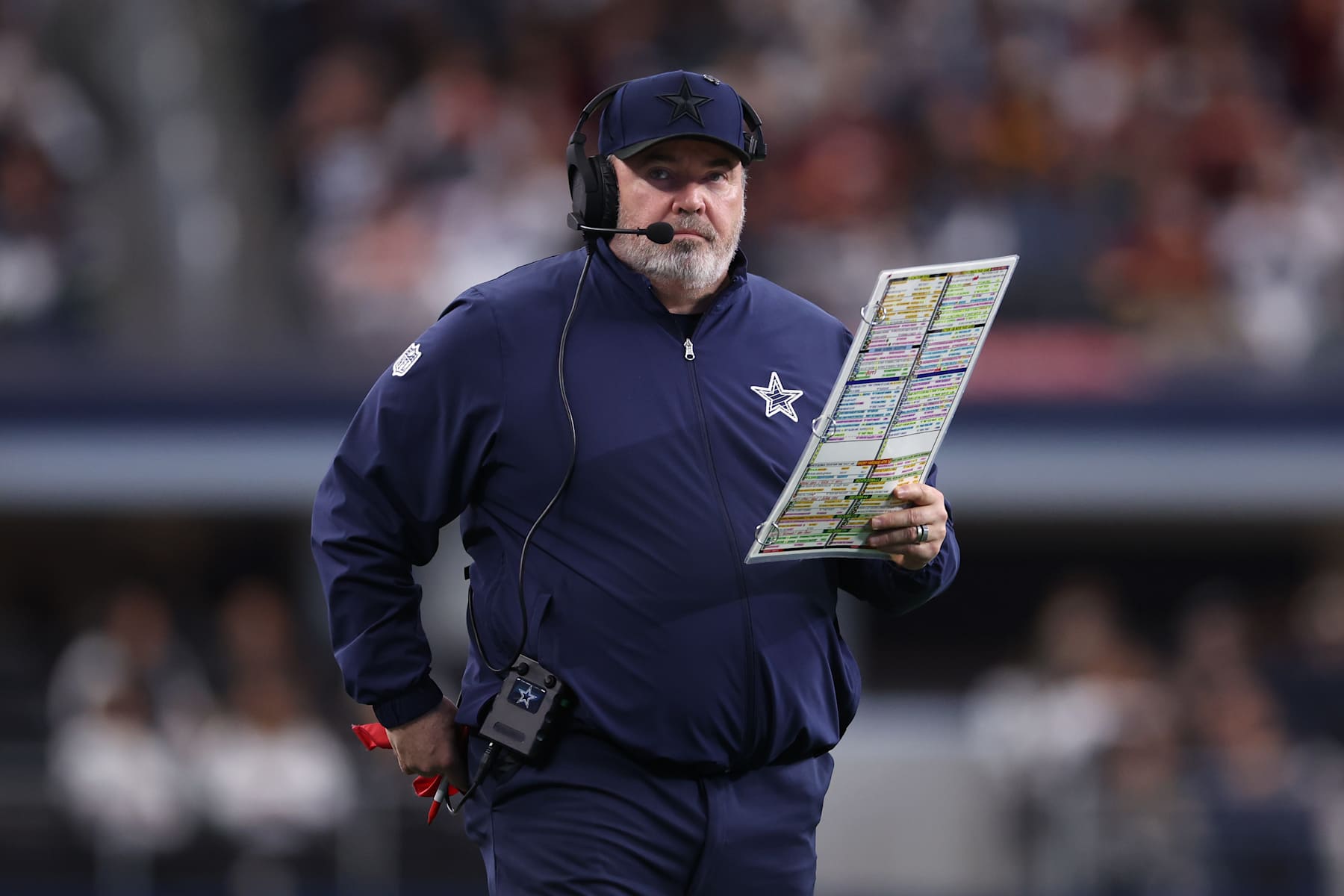 ARLINGTON, TEXAS - JANUARY 05: Dallas Cowboys head coach Mike McCarthy looks on during the fourth quarter against the Washington Commanders at AT&T Stadium on January 05, 2025 in Arlington, Texas. (Photo by Sam Hodde/Getty Images)