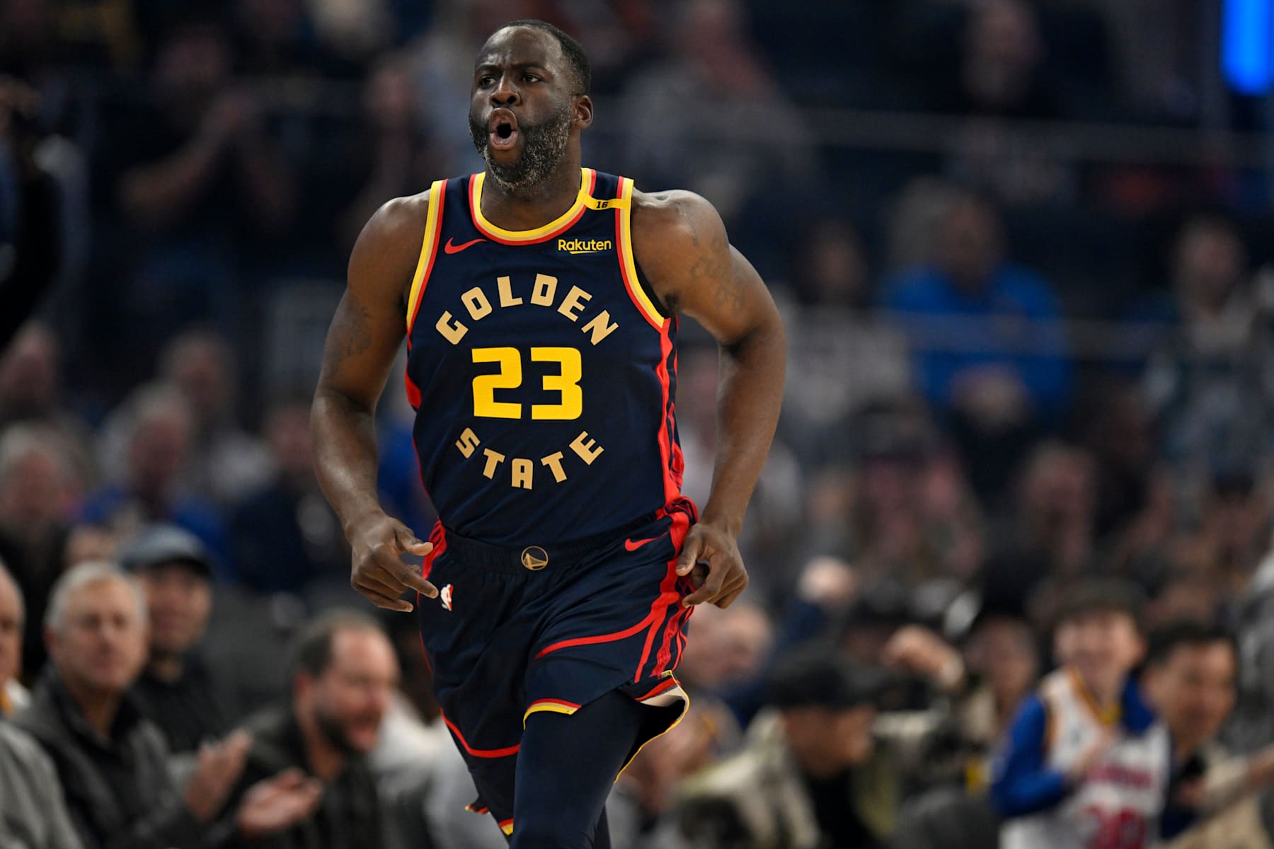 SAN FRANCISCO, CALIFORNIA - JANUARY 05: Draymond Green #23 of the Golden State Warriors celebrates his three point basket against the Sacramento Kings in the first quarter at Chase Center on January 05, 2025 in San Francisco, California. NOTE TO USER: User expressly acknowledges and agrees that, by downloading and or using this photograph, User is consenting to the terms and conditions of the Getty Images License Agreement. (Photo by Eakin Howard/Getty Images)
