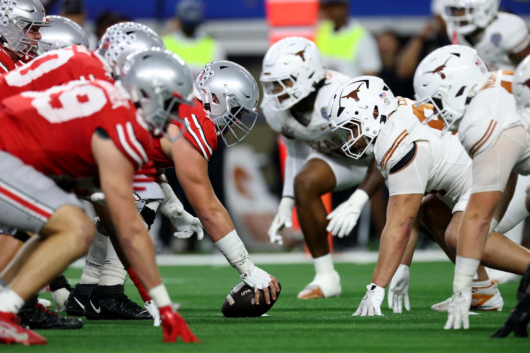ARLINGTON, TEXAS - JANUARY 10: The Ohio State Buckeyes and Texas Longhorns line up for a play in the fourth quarter during the Goodyear Cotton Bowl at AT&T Stadium on January 10, 2025 in Arlington, Texas. (Photo by Jamie Squire/Getty Images)