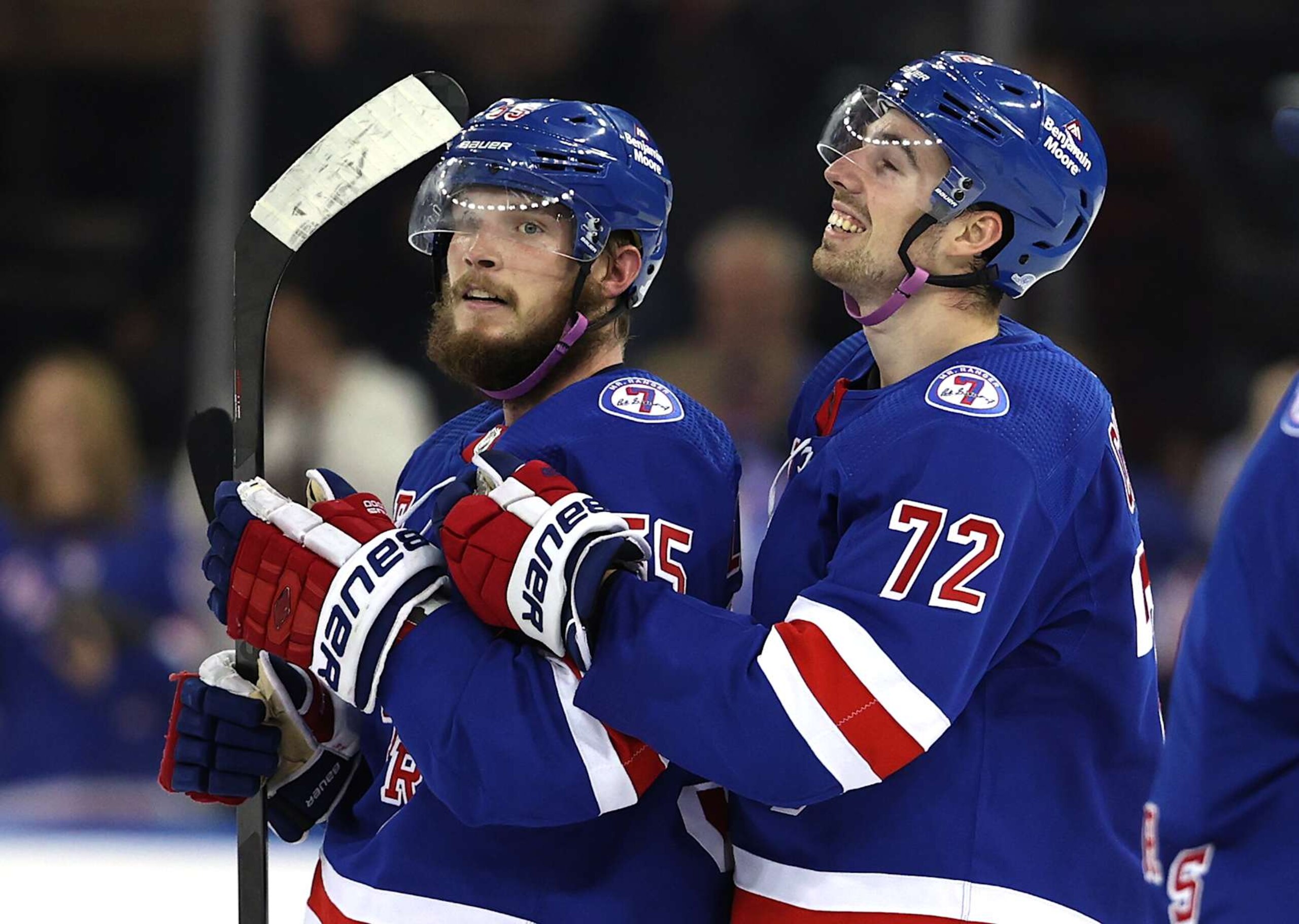 NEW YORK, NEW YORK - NOVEMBER 21: Ryan Lindgren #55 of the New York Rangers is congratulated by teammate Filip Chytil after the win over the Buffalo Sabres at Madison Square Garden on November 21, 2021 in New York City. The New York Rangers defeated the Buffalo Sabres 5-4. Ryan Lindgren scored the game winning goal in the final second of the game. (Photo by Elsa/Getty Images) NEW YORK, NEW YORK - NOVEMBER 21: Ryan Lindgren #55 of the New York Rangers is congratulated by teammate Filip Chytil after the win over the Buffalo Sabres at Madison Square Garden on November 21, 2021 in New York City. The New York Rangers defeated the Buffalo Sabres 5-4. Ryan Lindgren scored the game winning goal in the final second of the game. (Photo by Elsa/Getty Images)