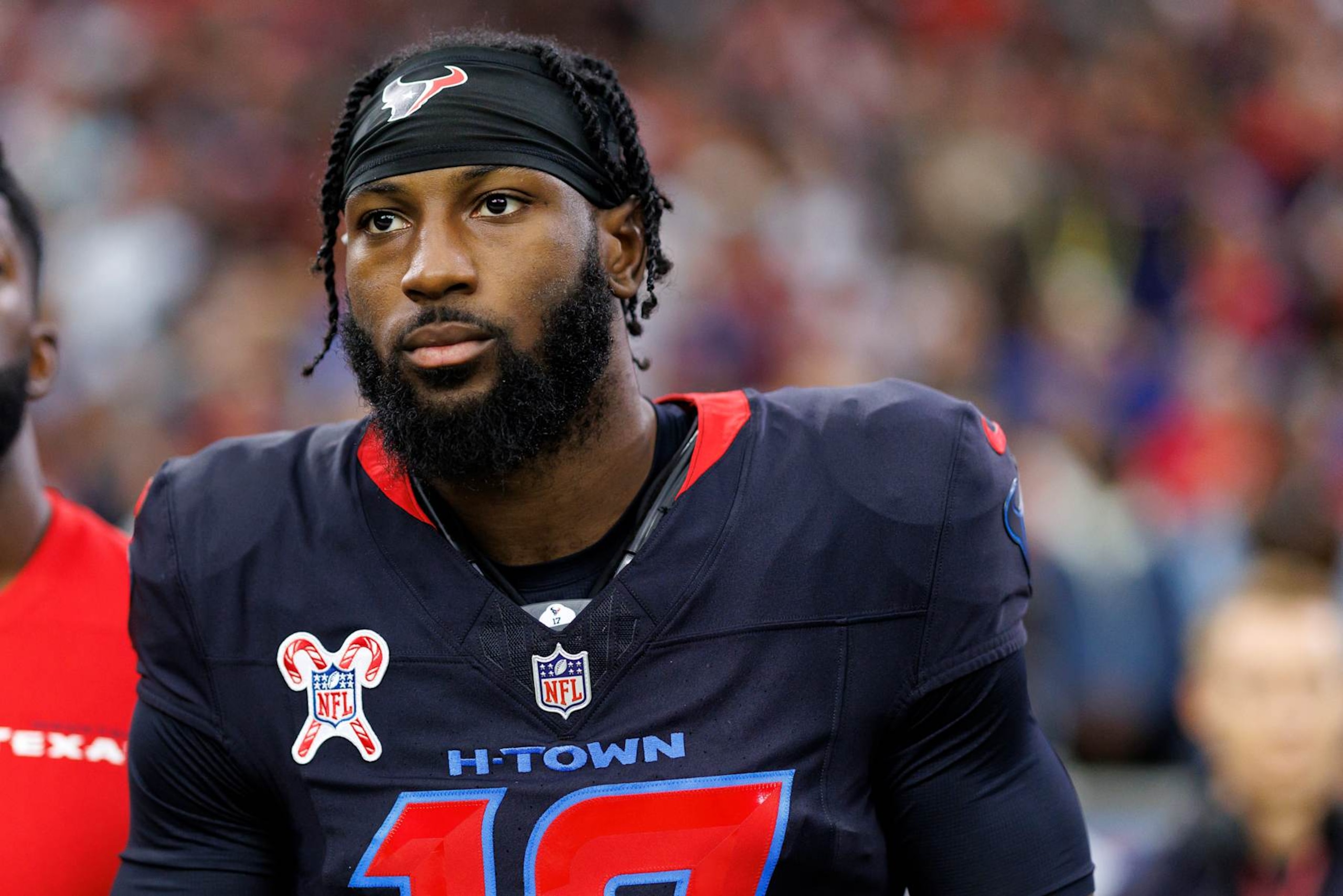 HOUSTON, TEXAS - DECEMBER 25: Cornerback Kris Boyd #17 of the Houston Texans stands on the sidelines during the national anthem prior to an NFL football game against the Baltimore Ravens, at NRG Stadium on December 25, 2024 in Houston, Texas. (Photo by Brooke Sutton/Getty Images) HOUSTON, TEXAS - DECEMBER 25: Cornerback Kris Boyd #17 of the Houston Texans stands on the sidelines during the national anthem prior to an NFL football game against the Baltimore Ravens, at NRG Stadium on December 25, 2024 in Houston, Texas. (Photo by Brooke Sutton/Getty Images)