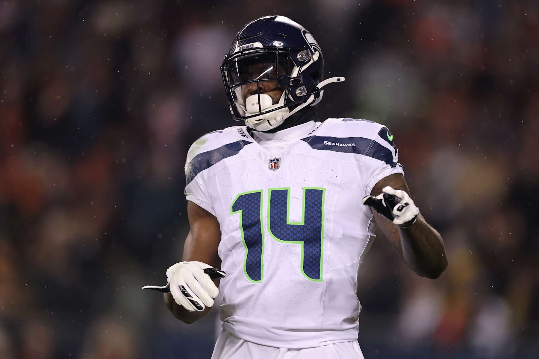CHICAGO, ILLINOIS - DECEMBER 26: DK Metcalf #14 of the Seattle Seahawks looks on against the Chicago Bears /d1 at Soldier Field on December 26, 2024 in Chicago, Illinois. (Photo by Michael Reaves/Getty Images)
