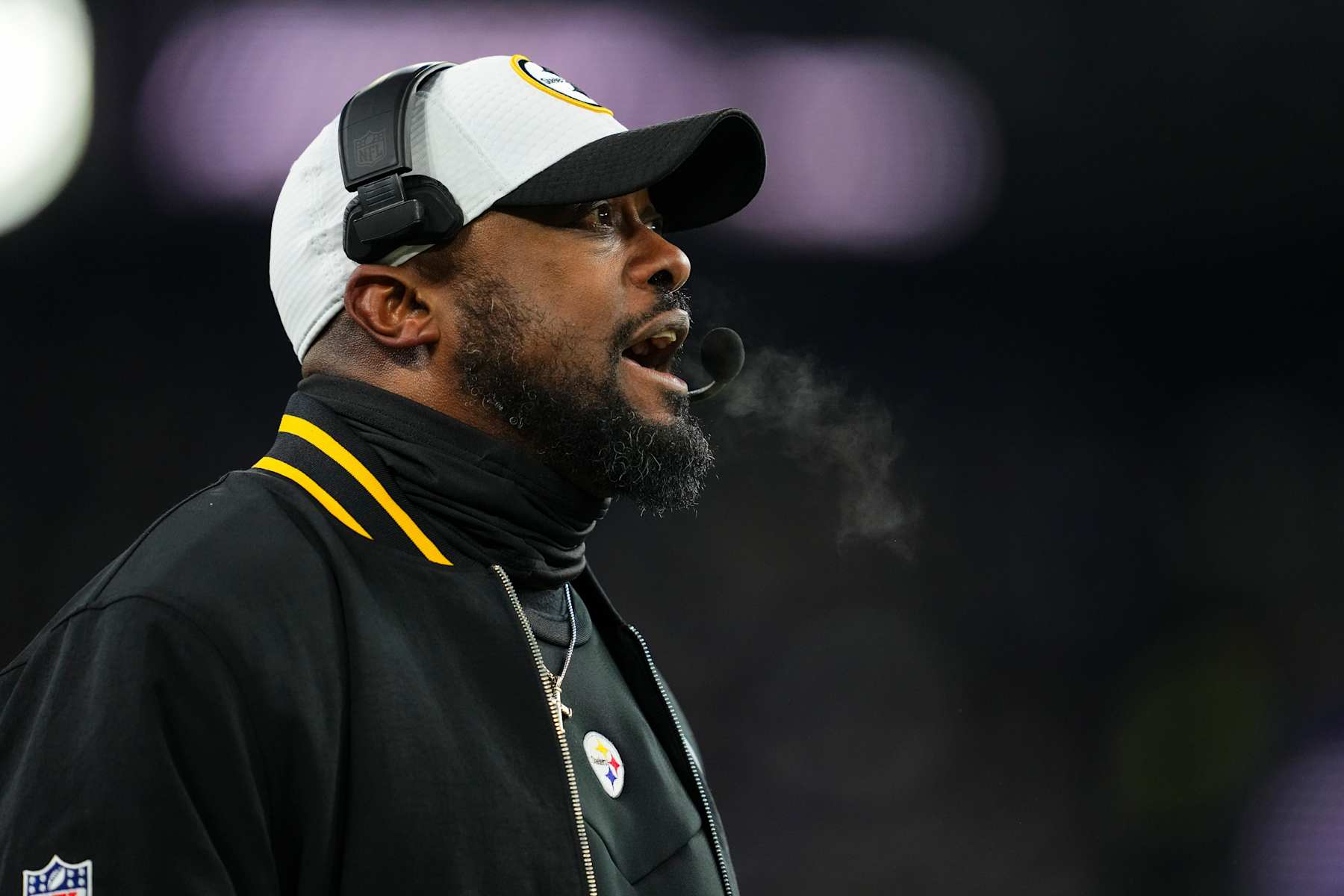 BALTIMORE, MD - JANUARY 11: Pittsburgh Steelers head coach Mike Tomlin looks on from the sideline during an NFL football wild card playoff game against the Baltimore Ravens at M&T Bank Stadium on January 11, 2025 in Baltimore, Maryland. (Photo by Cooper Neill/Getty Images)