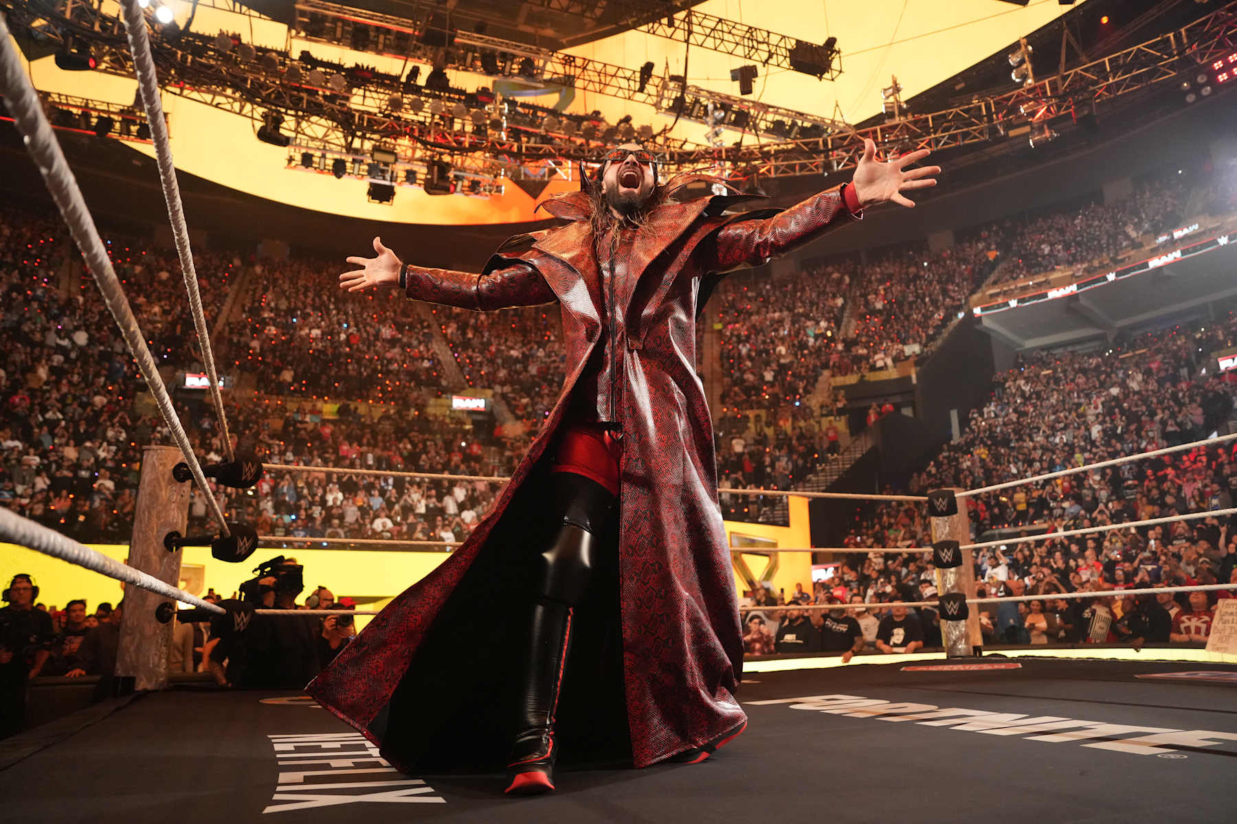 INGLEWOOD, CALIFORNIA - JANUARY 06: Seth Rollins makes his way to the ring during Monday Night RAW at Intuit Dome on January 6, 2025 in Inglewood, California.  (Photo by WWE/Getty Images)