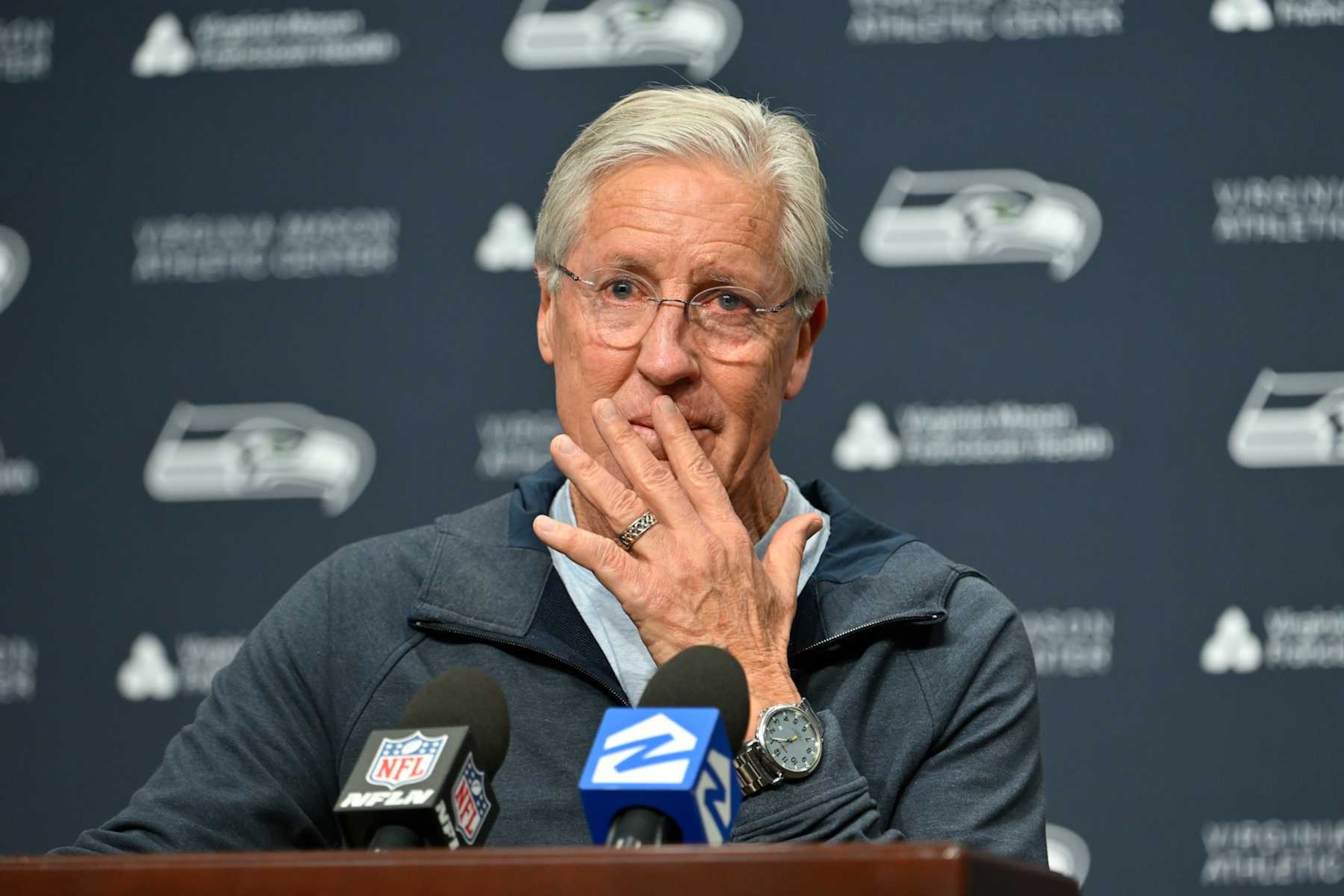 RENTON, WASHINGTON - JANUARY 10: Former Seattle Seahawks head coach Pete Carroll speaks at the Seattle Seahawks press conference at Virginia Mason Athletic Center on January 10, 2024 in Renton, Washington. (Photo by Alika Jenner/Getty Images) RENTON, WASHINGTON - JANUARY 10: Former Seattle Seahawks head coach Pete Carroll speaks at the Seattle Seahawks press conference at Virginia Mason Athletic Center on January 10, 2024 in Renton, Washington. (Photo by Alika Jenner/Getty Images)