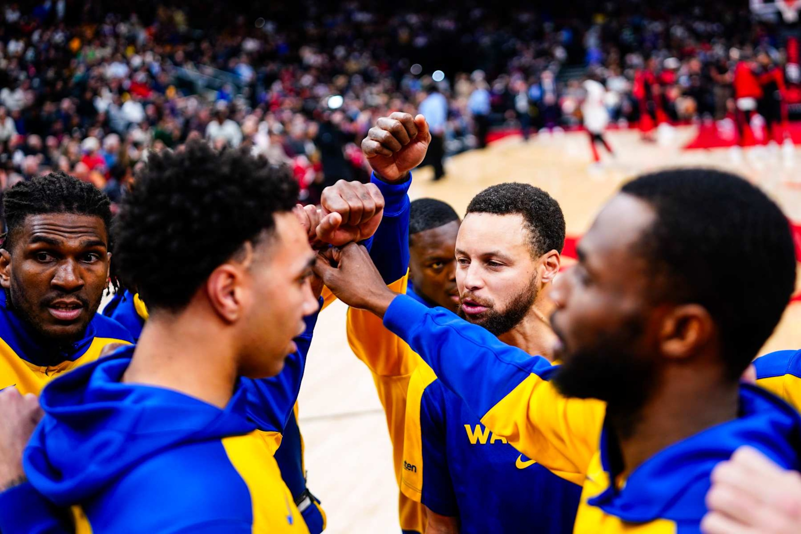TORONTO, CANADA - JANUARY 13: Golden State Warriors huddle before the game against the Toronto Raptors on January 13, 2025 at the Scotiabank Arena in Toronto, Ontario, Canada.  NOTE TO USER: User expressly acknowledges and agrees that, by downloading and or using this Photograph, user is consenting to the terms and conditions of the Getty Images License Agreement.  Mandatory Copyright Notice: Copyright 2025 NBAE (Photo by Mark Blinch/NBAE via Getty Images)