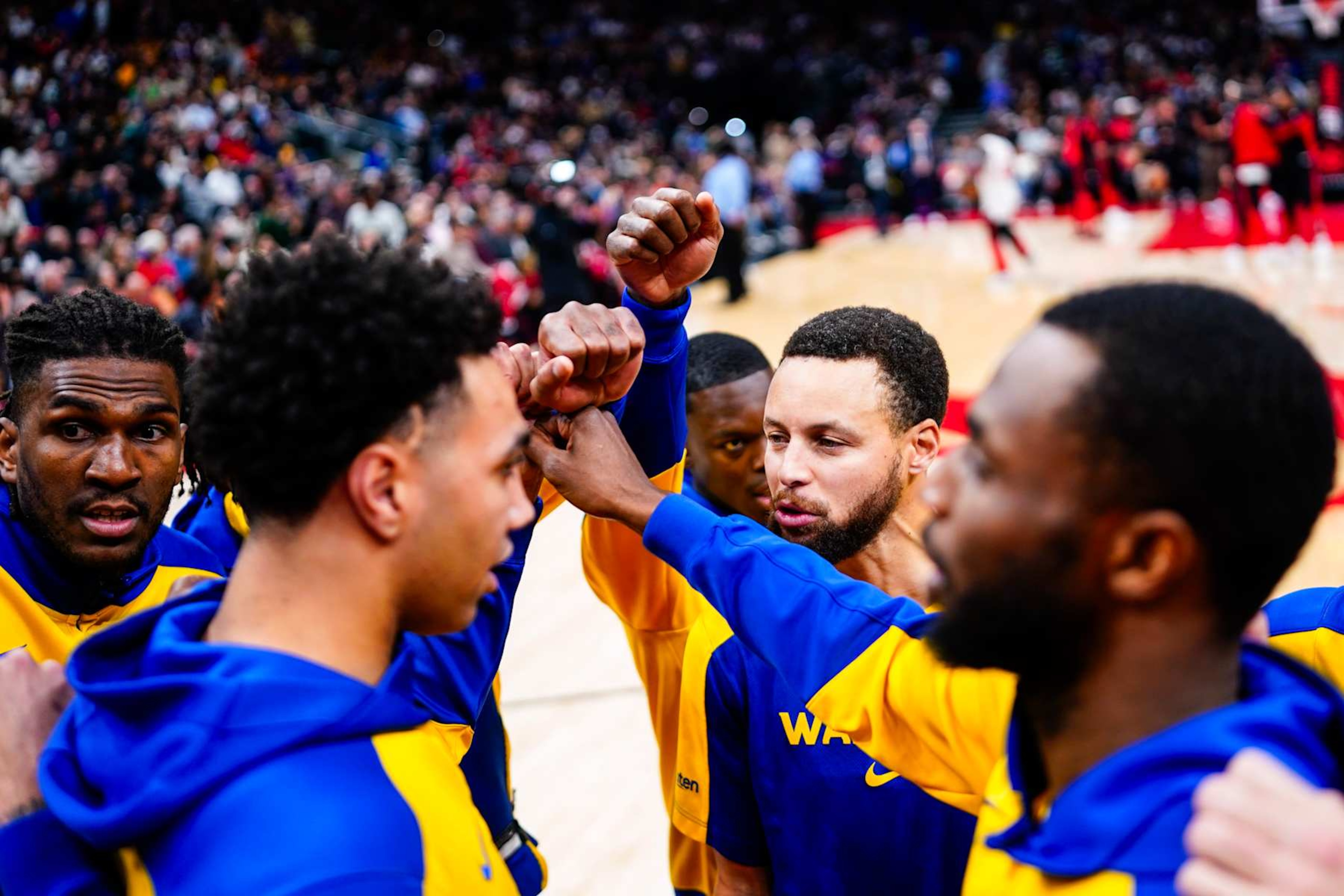 TORONTO, CANADA - JANUARY 13: Golden State Warriors huddle before the game against the Toronto Raptors on January 13, 2025 at the Scotiabank Arena in Toronto, Ontario, Canada.  NOTE TO USER: User expressly acknowledges and agrees that, by downloading and or using this Photograph, user is consenting to the terms and conditions of the Getty Images License Agreement.  Mandatory Copyright Notice: Copyright 2025 NBAE (Photo by Mark Blinch/NBAE via Getty Images)