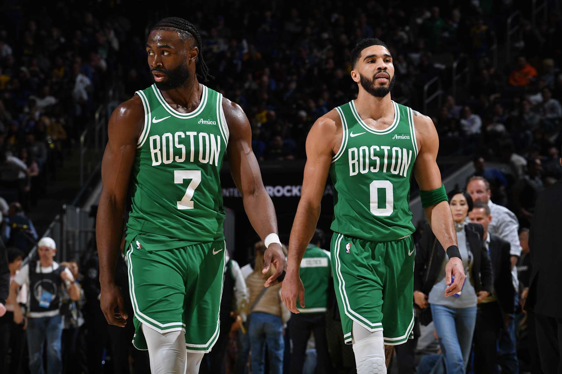 SAN FRANCISCO, CA - JANUARY 20: Jaylen Brown #7 and Jayson Tatum #0 of the Boston Celtics looks on during the game against the Golden State Warriors on January 20, 2025 at Chase Center in San Francisco, California. NOTE TO USER: User expressly acknowledges and agrees that, by downloading and or using this photograph, user is consenting to the terms and conditions of Getty Images License Agreement. Mandatory Copyright Notice: Copyright 2025 NBAE (Photo by Noah Graham/NBAE via Getty Images)