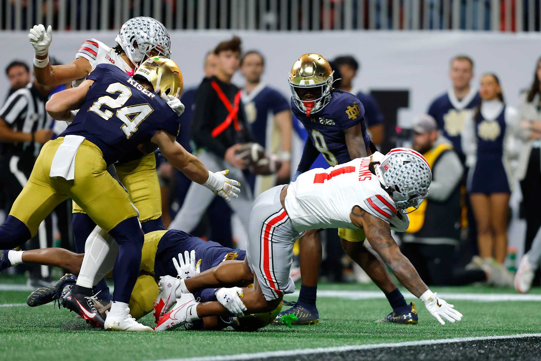 ATLANTA, GEORGIA - JANUARY 20: Quinshon Judkins #1 of the Ohio State Buckeyes scores a touchdown during the second quarter against the Notre Dame Fighting Irish in the 2025 CFP National Championship at the Mercedes-Benz Stadium on January 20, 2025 in Atlanta, Georgia. (Photo by Todd Kirkland/Getty Images)