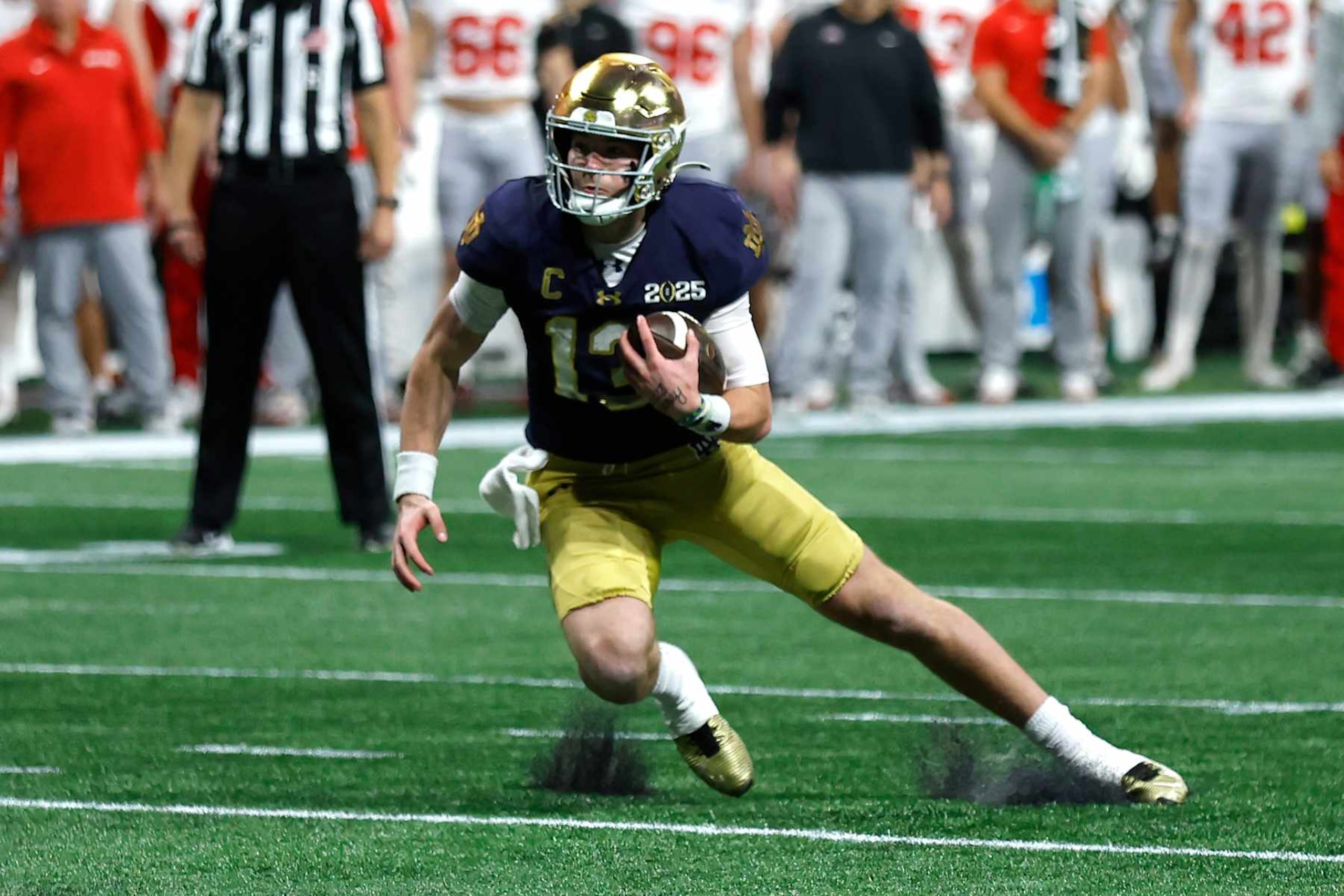 ATLANTA, GA - JANUARY 20: Quarterback Riley Leonard #13 of the Notre Dame Fighting Irish during the Ohio State Buckeyes versus Notre Dame Fighting Irish College Football Playoff National Championship game on January 20, 2025, at Mercedes-Benz Stadium in Atlanta, Georgia. (Photo by David J. Griffin/Icon Sportswire via Getty Images) ATLANTA, GA - JANUARY 20: Quarterback Riley Leonard #13 of the Notre Dame Fighting Irish during the Ohio State Buckeyes versus Notre Dame Fighting Irish College Football Playoff National Championship game on January 20, 2025, at Mercedes-Benz Stadium in Atlanta, Georgia. (Photo by David J. Griffin/Icon Sportswire via Getty Images)