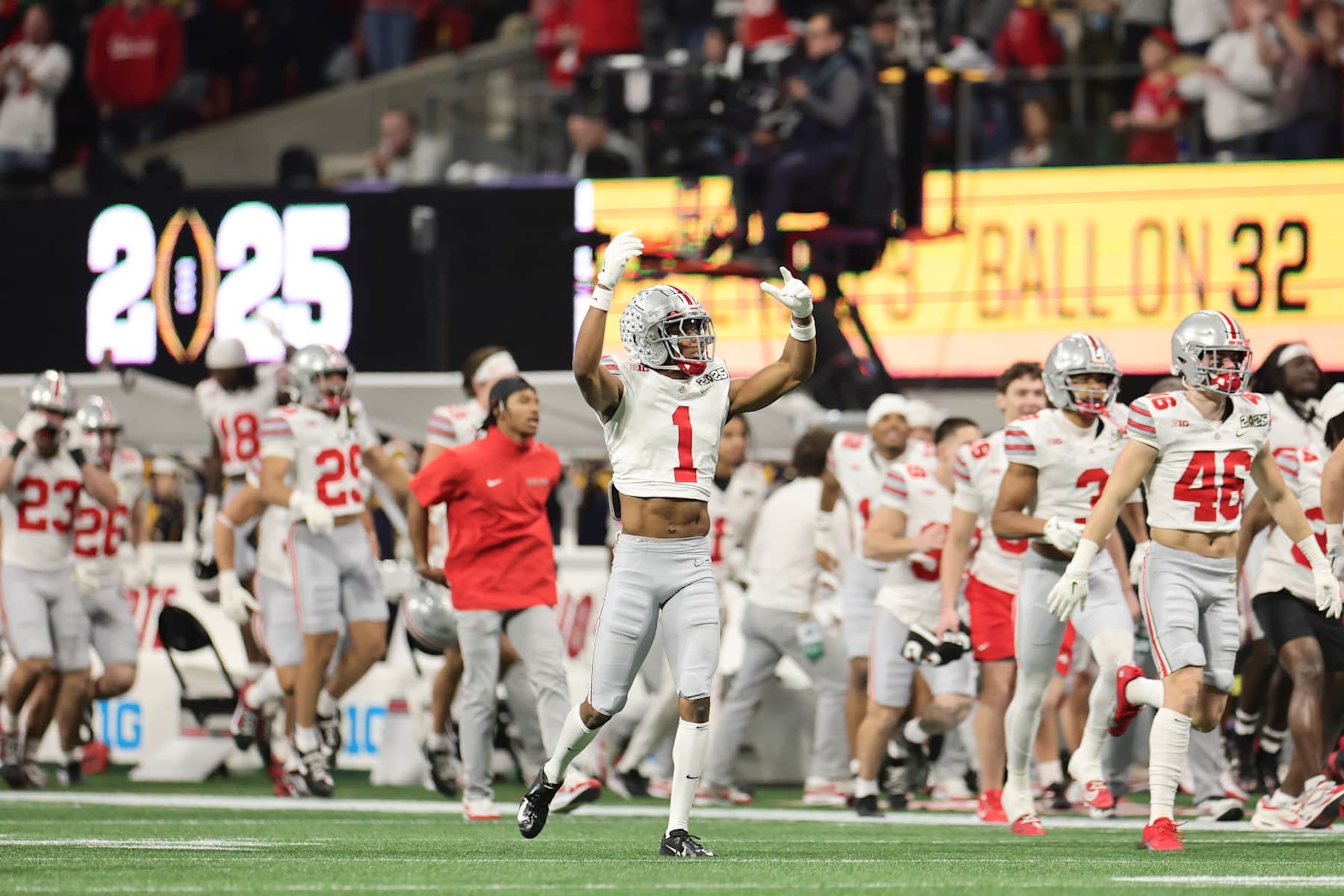 ATLANTA, GEORGIA - JANUARY 20: Quinshon Judkins #1 of the Ohio State Buckeyes celebrates during the second quarter against the Notre Dame Fighting Irish in the 2025 CFP National Championship at the Mercedes-Benz Stadium on January 20, 2025 in Atlanta, Georgia. (Photo by Carmen Mandato/Getty Images)