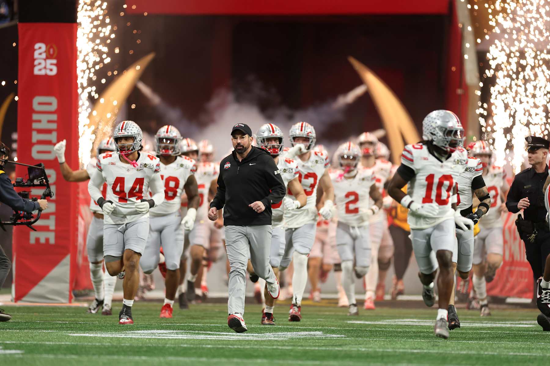 ATLANTA, GEORGIA - JANUARY 20: Head coach Ryan Day of the Ohio State Buckeyes takes the field prior to the 2025 CFP National Championship against the Notre Dame Fighting Irish at the Mercedes-Benz Stadium on January 20, 2025 in Atlanta, Georgia. (Photo by Jamie Squire/Getty Images)