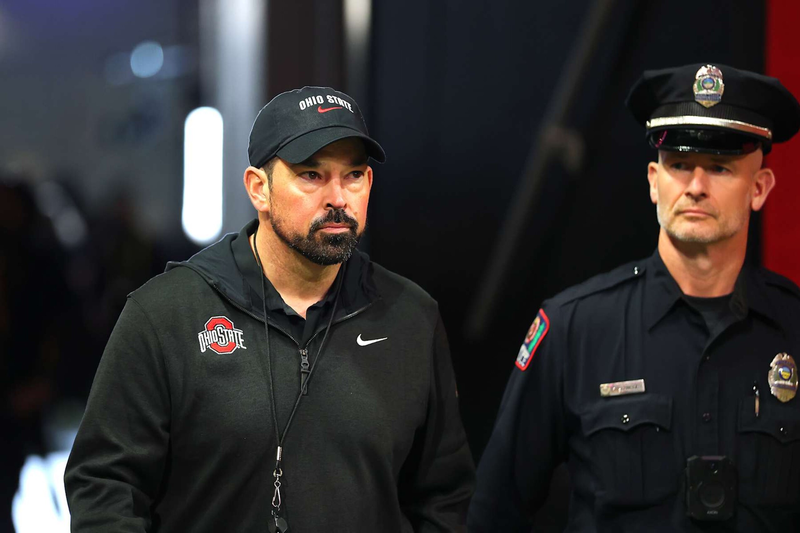 ATLANTA, GEORGIA - JANUARY 20: Head coach Ryan Day of the Ohio State Buckeyes looks on prior to the 2025 CFP National Championship against the Notre Dame Fighting Irish at the Mercedes-Benz Stadium on January 20, 2025 in Atlanta, Georgia. (Photo by Kevin C. Cox/Getty Images)