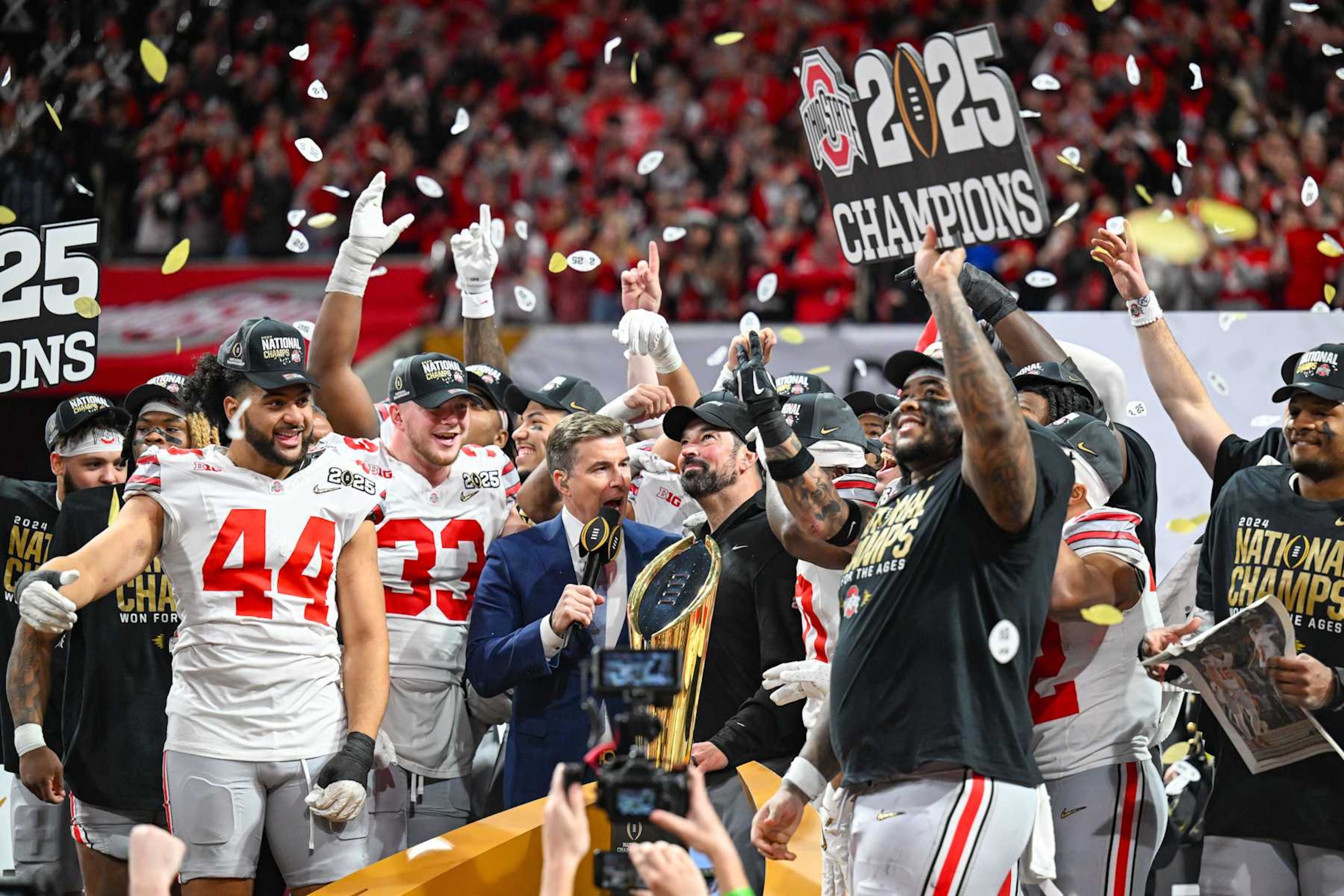 ATLANTA, GA JANUARY 20: ESPN's Rece Davis interviews Head Coach Ryan Day of the Ohio State Buckeyes following the conclusion of the the Ohio State Buckeyes versus Notre Dame Fighting Irish College Football Playoff National Championship game on January 20, 2025, at Mercedes-Benz Stadium in Atlanta, GA. (Photo by Rich von Biberstein/Icon Sportswire via Getty Images) ATLANTA, GA JANUARY 20: ESPN's Rece Davis interviews Head Coach Ryan Day of the Ohio State Buckeyes following the conclusion of the the Ohio State Buckeyes versus Notre Dame Fighting Irish College Football Playoff National Championship game on January 20, 2025, at Mercedes-Benz Stadium in Atlanta, GA. (Photo by Rich von Biberstein/Icon Sportswire via Getty Images)