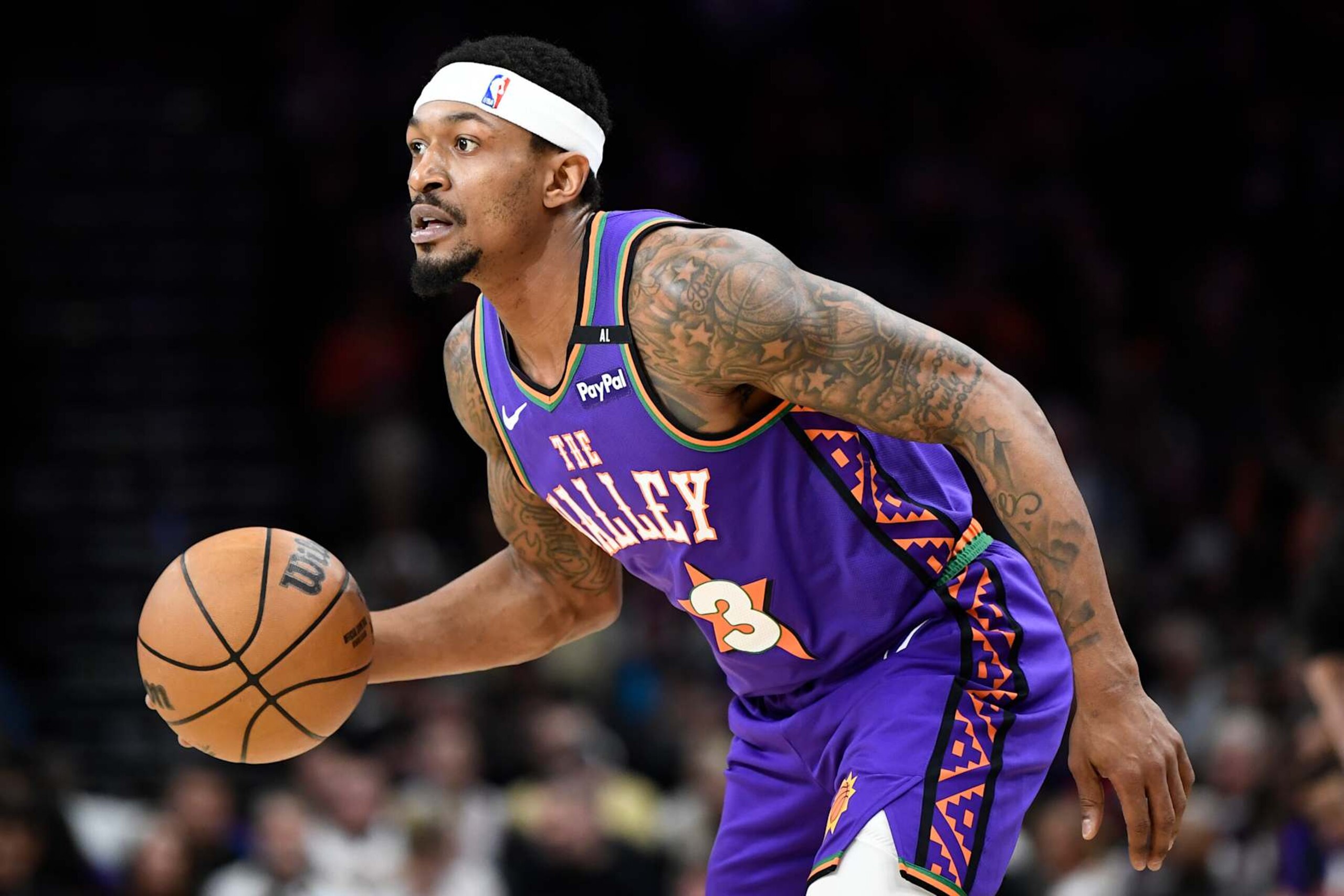 PHOENIX, ARIZONA - JANUARY 11: Bradley Beal #3 of the Phoenix Suns controls the ball during the first half of the NBA game against the Utah Jazz at Footprint Center on January 11, 2025 in Phoenix, Arizona. NOTE TO USER: User expressly acknowledges and agrees that, by downloading and or using this photograph, User is consenting to the terms and conditions of the Getty Images License Agreement. (Photo by Kelsey Grant/Getty Images) PHOENIX, ARIZONA - JANUARY 11: Bradley Beal #3 of the Phoenix Suns controls the ball during the first half of the NBA game against the Utah Jazz at Footprint Center on January 11, 2025 in Phoenix, Arizona. NOTE TO USER: User expressly acknowledges and agrees that, by downloading and or using this photograph, User is consenting to the terms and conditions of the Getty Images License Agreement. (Photo by Kelsey Grant/Getty Images)