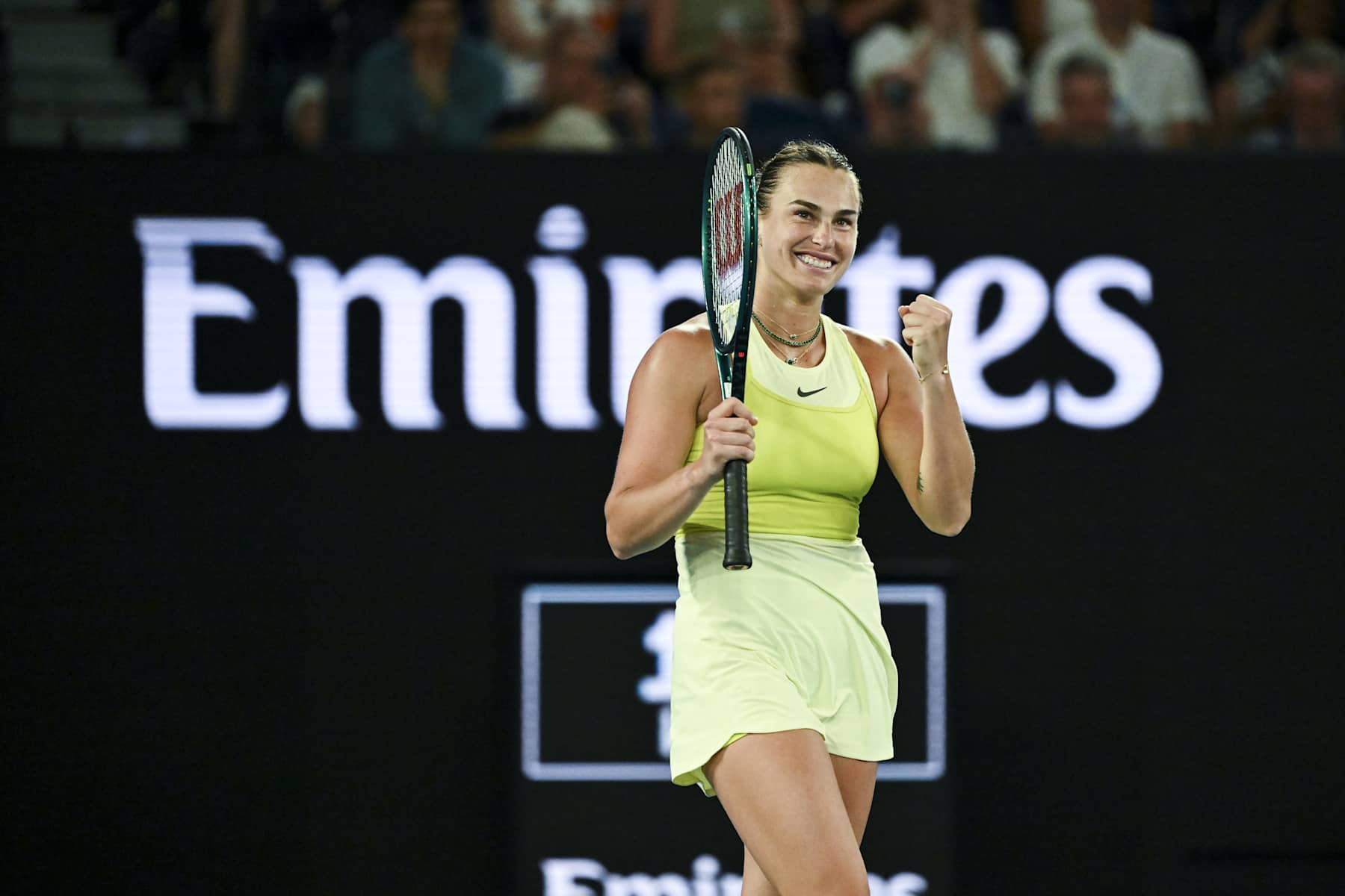 MELBOURNE, AUSTRALIA - JANUARY 21: Aryna Sabalenka reaction at match point against Anastasia Pavlyuchenkova (not seen) during Quarter Finals at the Australian Open grand slam tennis tournament at Melbourne Park in Melbourne, Australia on January 21, 2025 (Photo by Mark Avellino/Anadolu via Getty Images)