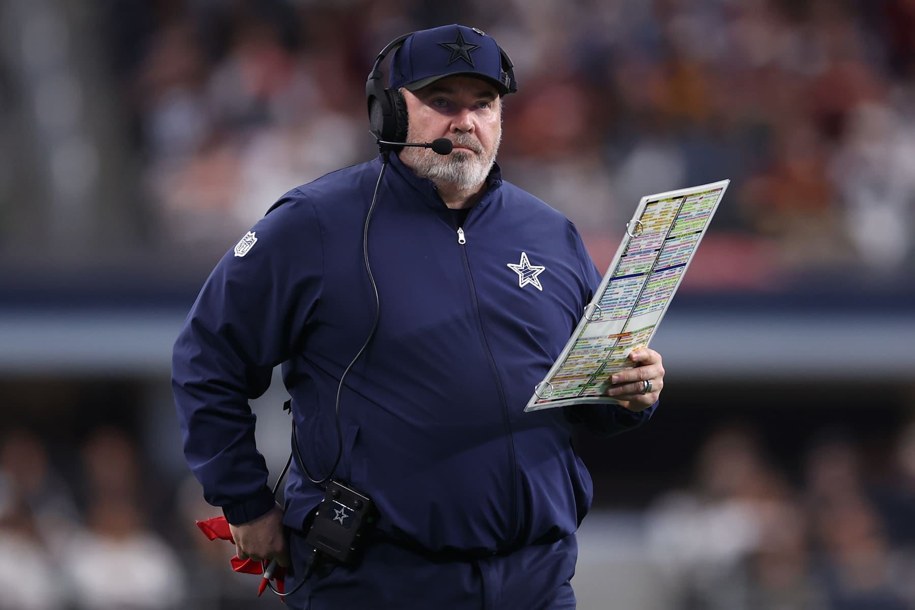 ARLINGTON, TEXAS - JANUARY 05: Dallas Cowboys head coach Mike McCarthy looks on during the fourth quarter against the Washington Commanders at AT&T Stadium on January 05, 2025 in Arlington, Texas. (Photo by Sam Hodde/Getty Images)