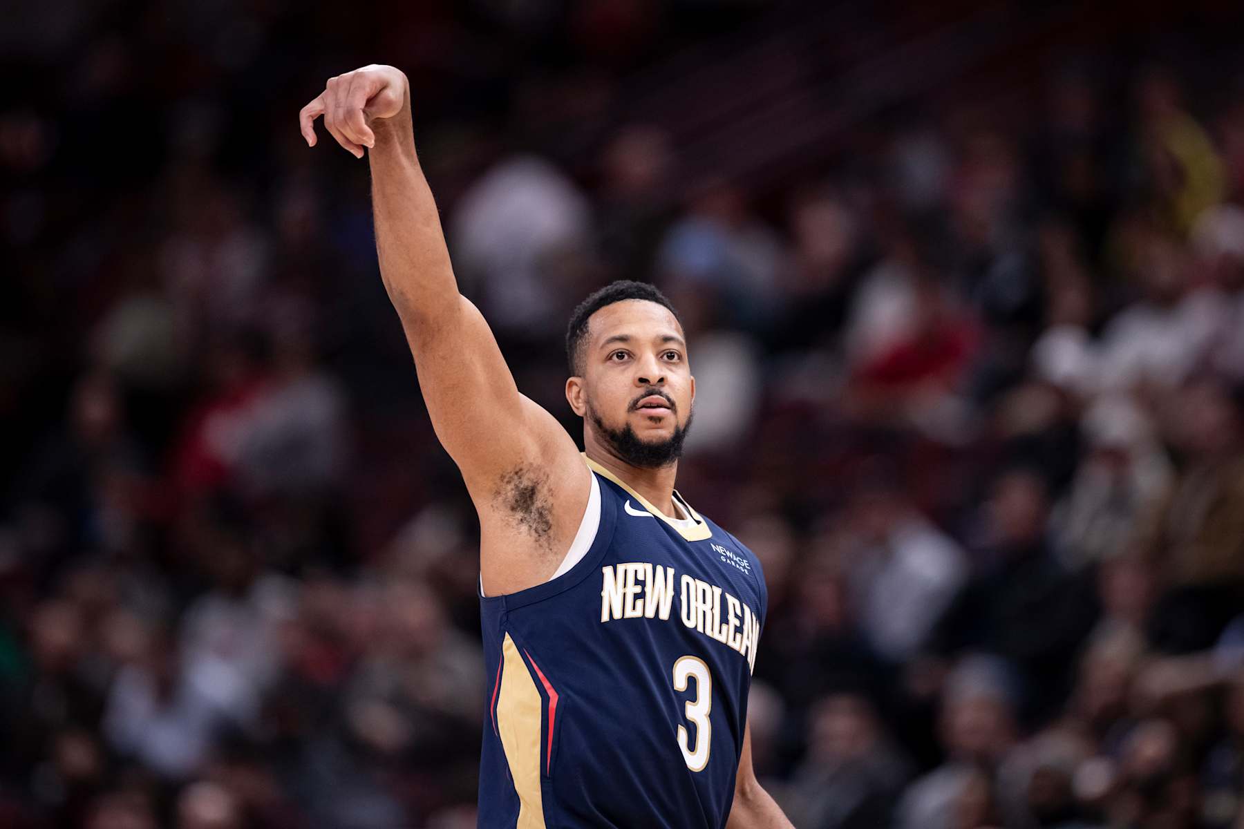 CHICAGO, ILLINOIS - JANUARY 14: CJ McCollum #3 of the New Orleans Pelicans shoots a three pointer against the Chicago Bulls in the second half at the United Center on January 14, 2025 in Chicago, Illinois. NOTE TO USER: User expressly acknowledges and agrees that, by downloading and or using this Photograph, user is consenting to the terms and conditions of the Getty Images License Agreement. (Photo by Griffin Quinn/Getty Images)