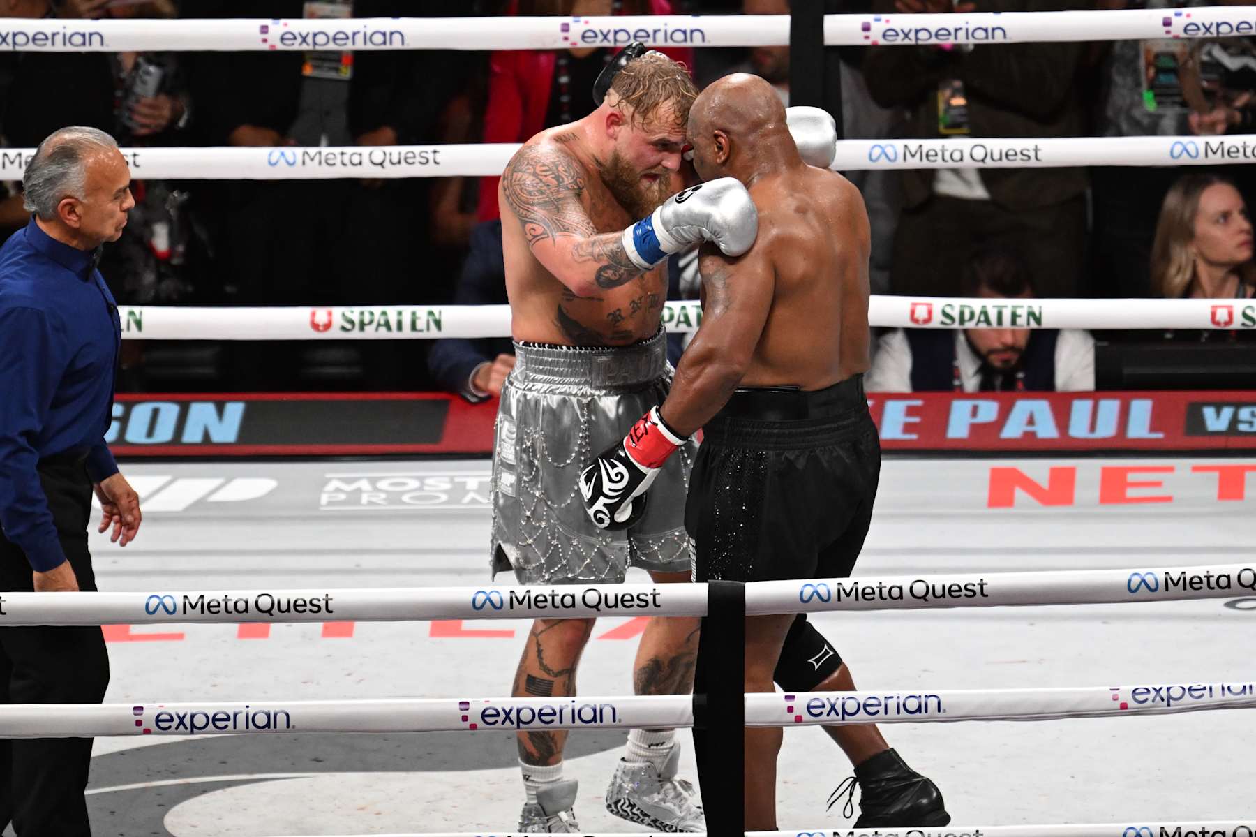 ARLINGTON, TEXAS - NOVEMBER 15: Mike Tyson (in black short) and Jake Paul (in silver short) hugs after 8th round of fight for their heavyweight world titles of the Premiere Boxing Championship on Friday night at AT&T Stadium in Arlington, Texas, United States on November 15, 2024. (Photo by Tayfun Coskun/Anadolu via Getty Images)