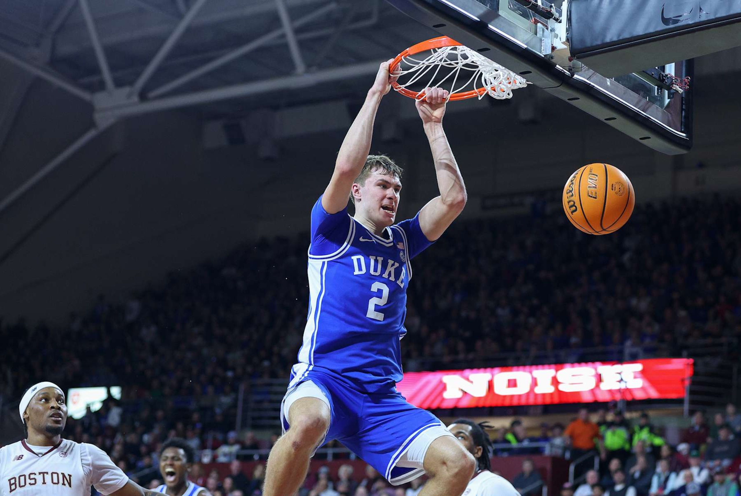 CHESTNUT HILL, MA - JANUARY 18: Duke Blue Devils guard Cooper Flagg (2) dunks the ball during the college basketball game between Duke Blue Devils and Boston College Eagles on January 18, 2025, at Conte Forum in Chestnut Hill, MA. (Photo by M. Anthony Nesmith/Icon Sportswire via Getty Images)