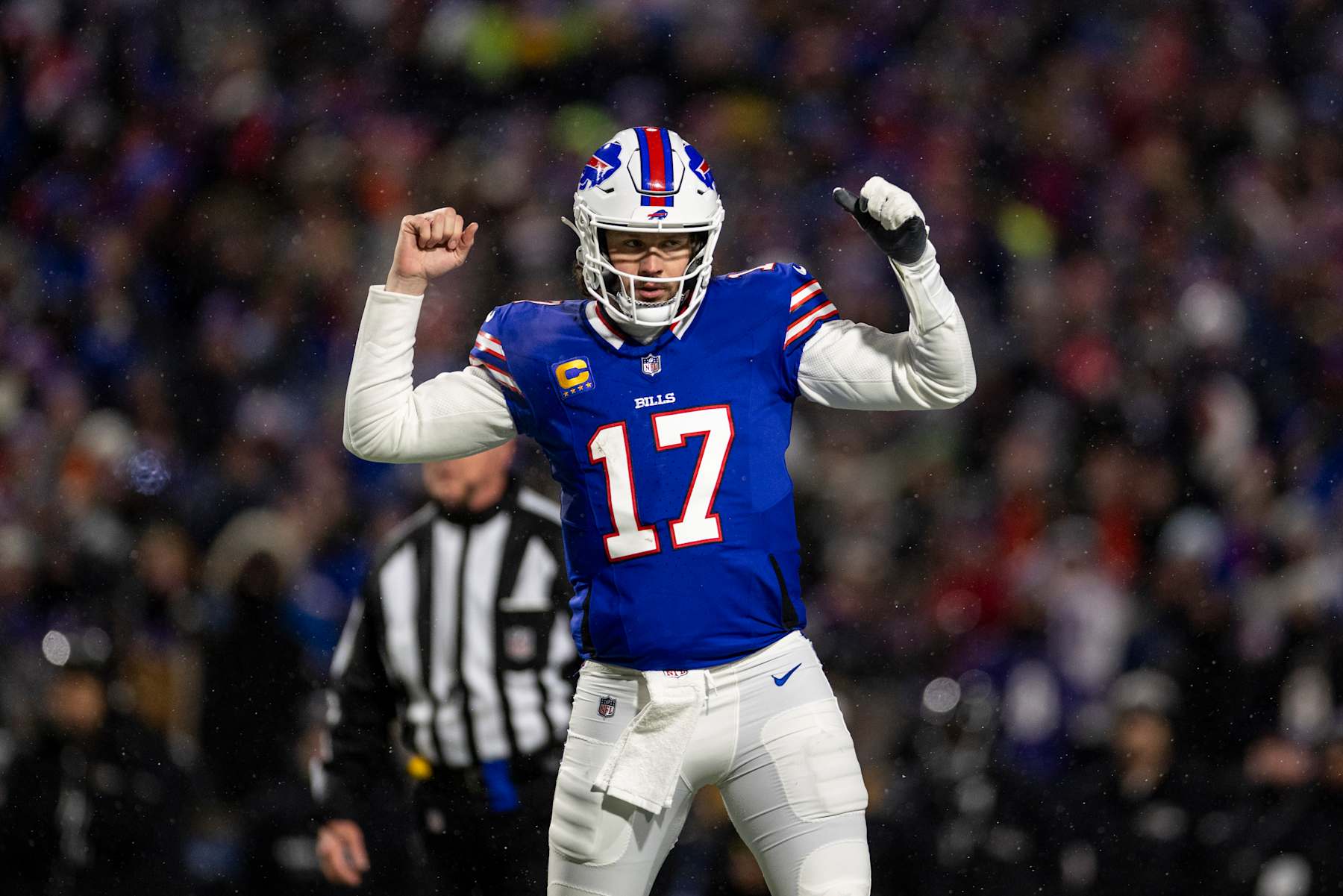 ORCHARD PARK, NEW YORK - JANUARY 19: Josh Allen #17 of the Buffalo Bills reacts after a touchdown during an NFL Football game against the Baltimore Ravens at Highmark Stadium on January 19, 2025 in Orchard Park, New York. (Photo by Michael Owens/Getty Images)
