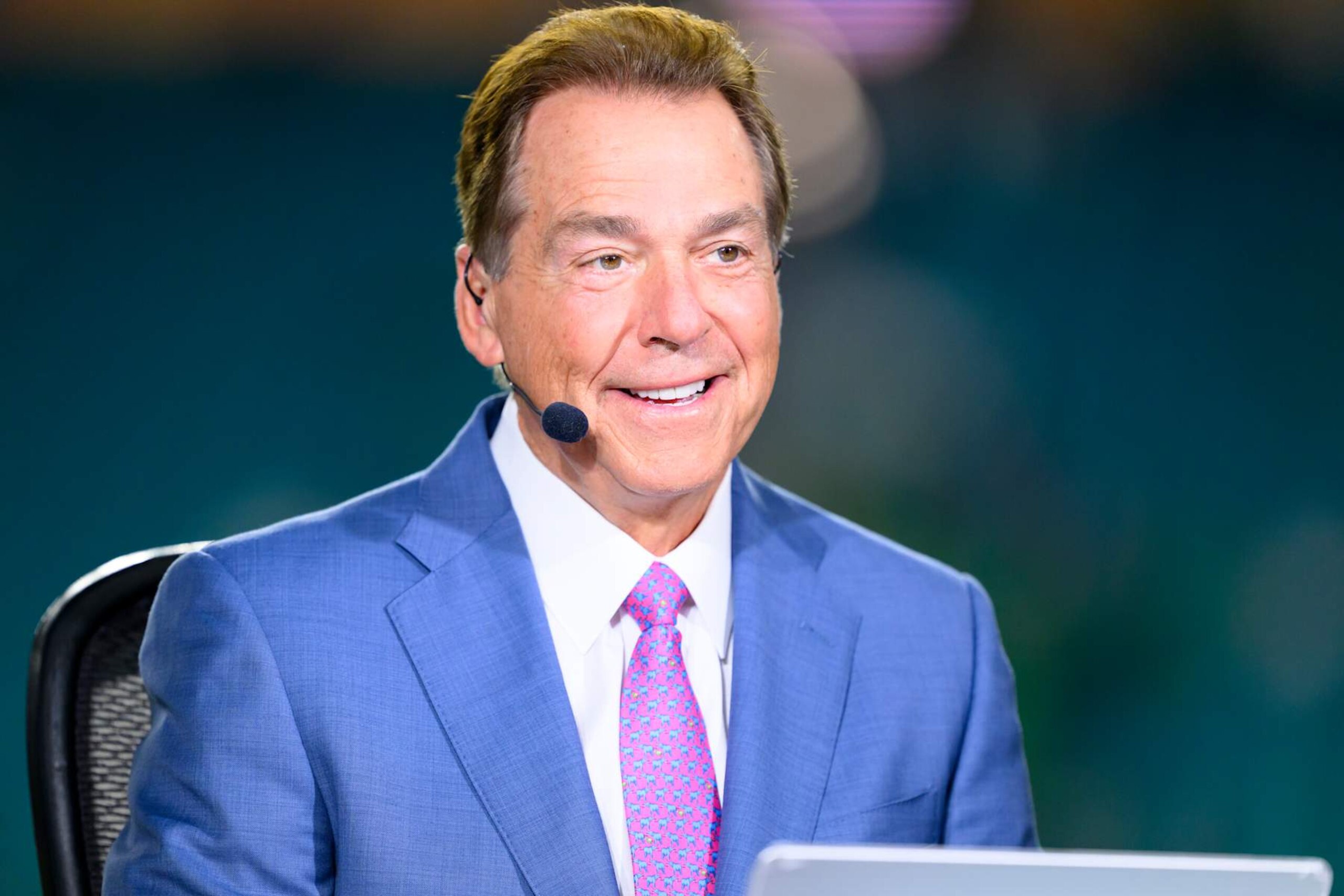 MIAMI GARDENS, FL - JANUARY 09: ESPN college football analyst Nick Saban smiles on the ESPN College Gameday set before the Penn State Nittany Lions versus Notre Dame Fighting Irish College Football Playoff Semifinal at the Capital One Orange Bowl on January 9, 2025, at Hard Rock Stadium in Miami Gardens, FL. (Photo by Doug Murray/Icon Sportswire via Getty Images) MIAMI GARDENS, FL - JANUARY 09: ESPN college football analyst Nick Saban smiles on the ESPN College Gameday set before the Penn State Nittany Lions versus Notre Dame Fighting Irish College Football Playoff Semifinal at the Capital One Orange Bowl on January 9, 2025, at Hard Rock Stadium in Miami Gardens, FL. (Photo by Doug Murray/Icon Sportswire via Getty Images)
