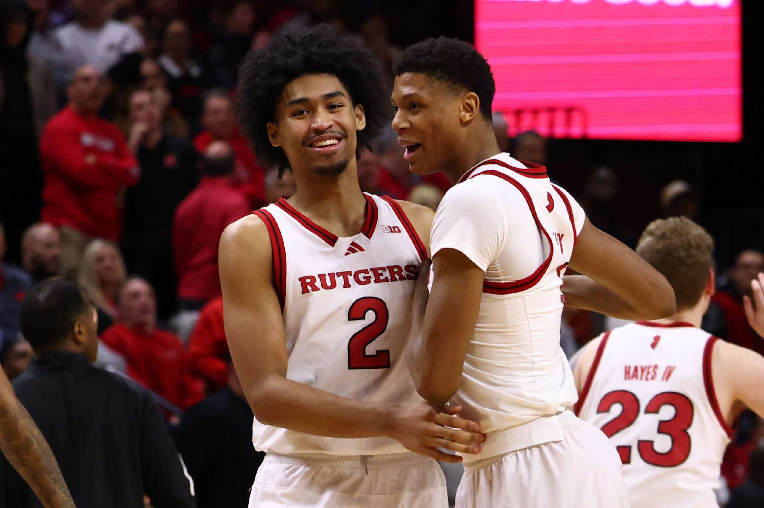 PISCATAWAY, NEW JERSEY - JANUARY 6: Dylan Harper #2 and Ace Bailey #4 of the Rutgers Scarlet Knights during the second half of their game against the Wisconsin Badgers at Jersey Mike's Arena on January 6, 2025 in Piscataway, New Jersey. (Photo by Ed Mulholland/Getty Images)