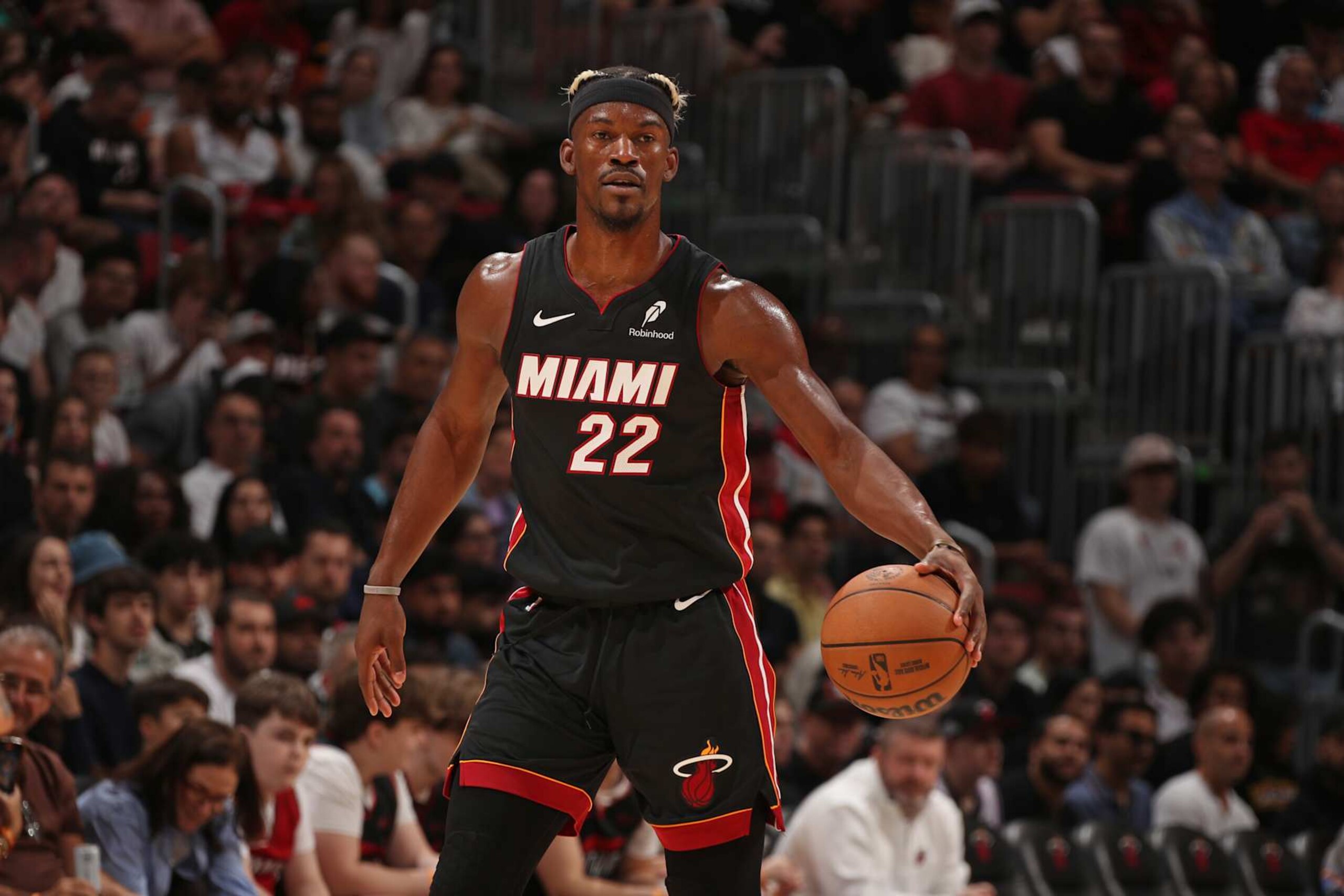 MIAMI, FL - JANUARY 19: Jimmy Butler #22 of the Miami Heat dribbles the ball during the game against the San Antonio Spurs on January 19, 2025 at Kaseya Center in Miami, Florida. NOTE TO USER: User expressly acknowledges and agrees that, by downloading and or using this Photograph, user is consenting to the terms and conditions of the Getty Images License Agreement. Mandatory Copyright Notice: Copyright 2025 NBAE (Photo by Issac Baldizon/NBAE via Getty Images) MIAMI, FL - JANUARY 19: Jimmy Butler #22 of the Miami Heat dribbles the ball during the game against the San Antonio Spurs on January 19, 2025 at Kaseya Center in Miami, Florida. NOTE TO USER: User expressly acknowledges and agrees that, by downloading and or using this Photograph, user is consenting to the terms and conditions of the Getty Images License Agreement. Mandatory Copyright Notice: Copyright 2025 NBAE (Photo by Issac Baldizon/NBAE via Getty Images)
