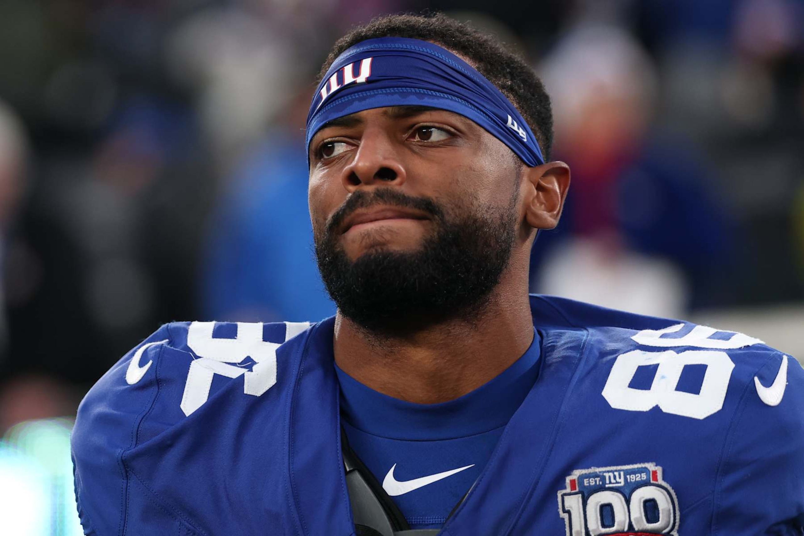 EAST RUTHERFORD, NEW JERSEY - DECEMBER 08: Darius Slayton #86 of the New York Giants reacts after the game against the New Orleans Saints at MetLife Stadium on December 08, 2024 in East Rutherford, New Jersey. (Photo by Elsa/Getty Images)