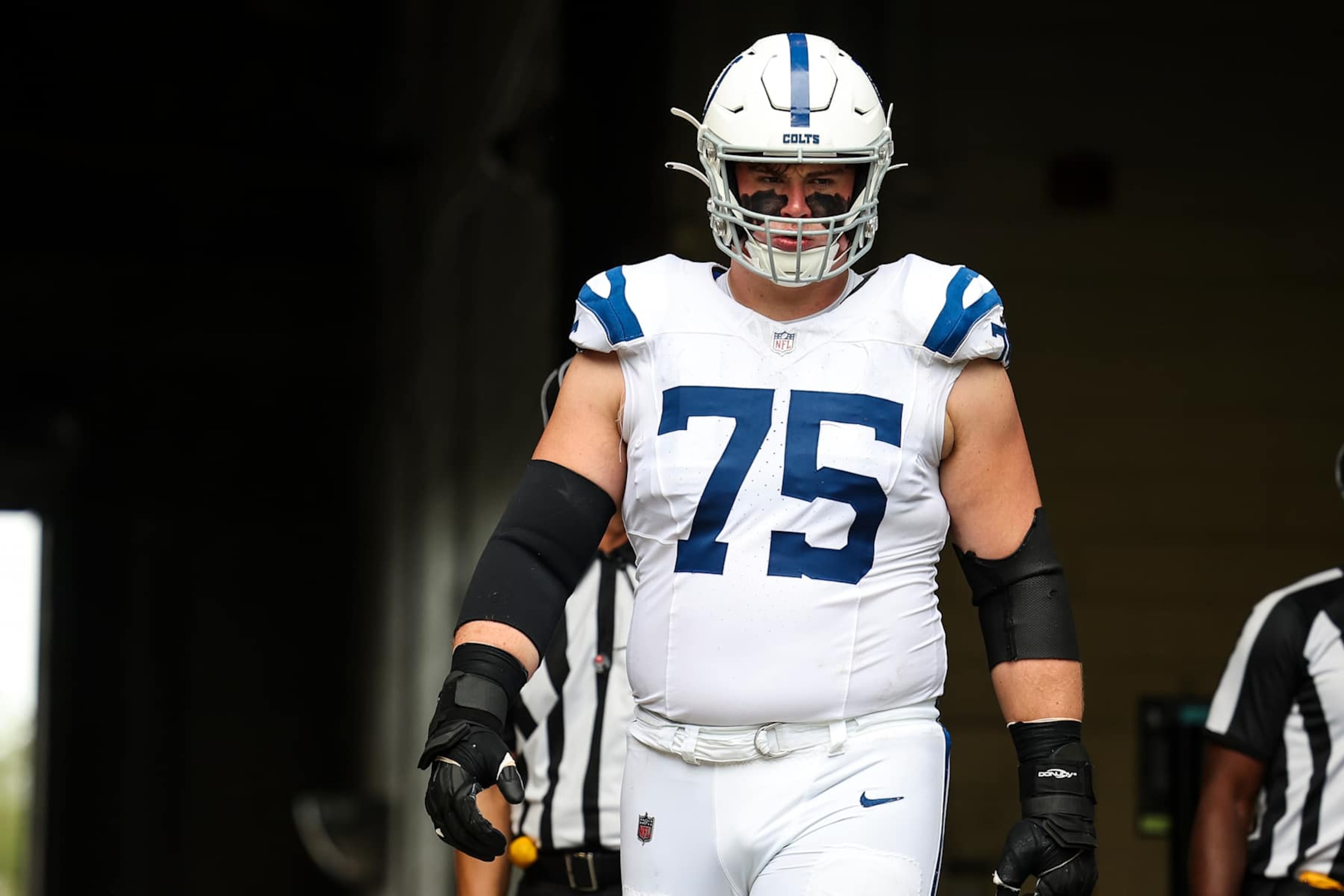 JACKSONVILLE, FLORIDA - OCTOBER 06: Will Fries #75 of the Indianapolis Colts walks out of the tunnel prior to an NFL football game against the Jacksonville Jaguars at EverBank Stadium on October 6, 2024 in Jacksonville, Florida. (Photo by Perry Knotts/Getty Images)