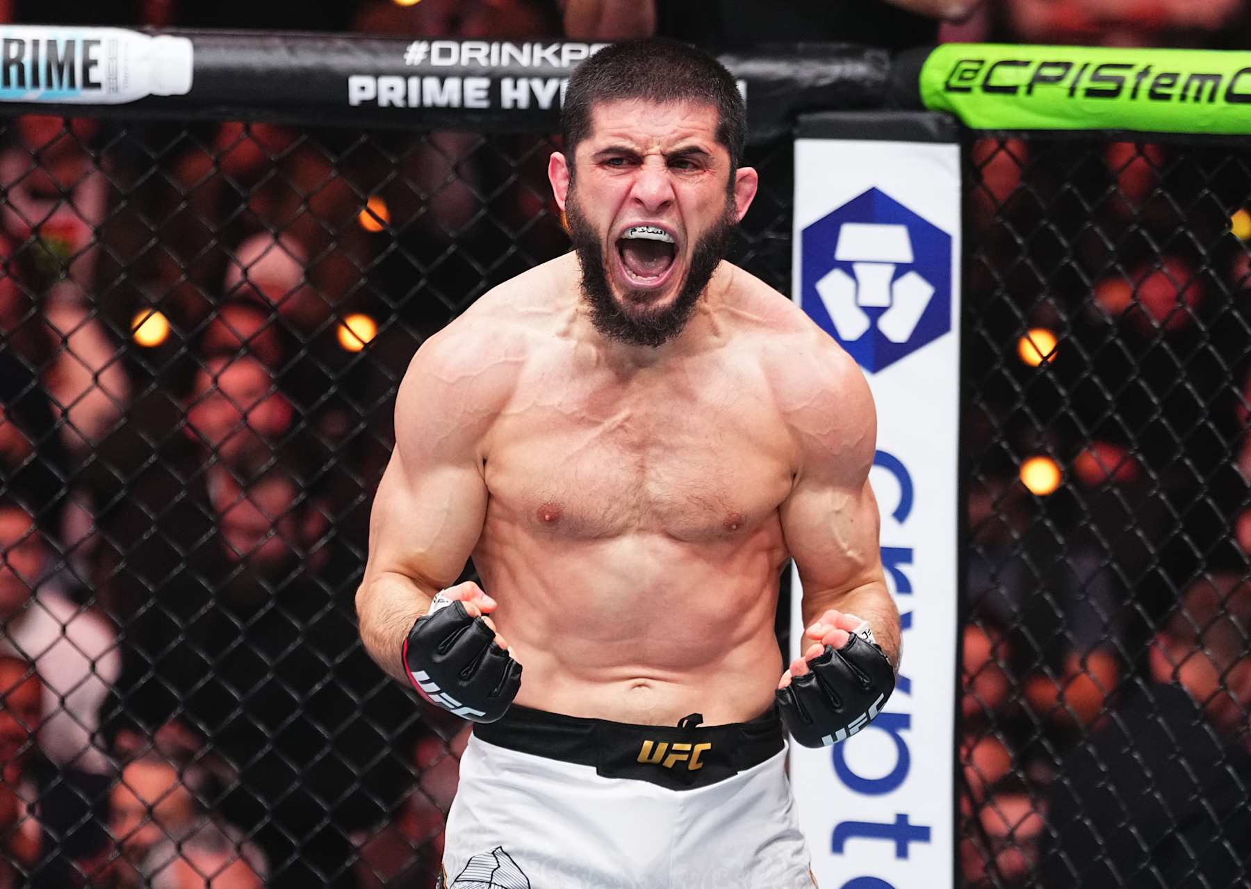 Islam Makhachev reacts after a submission victory against Renato Moicano