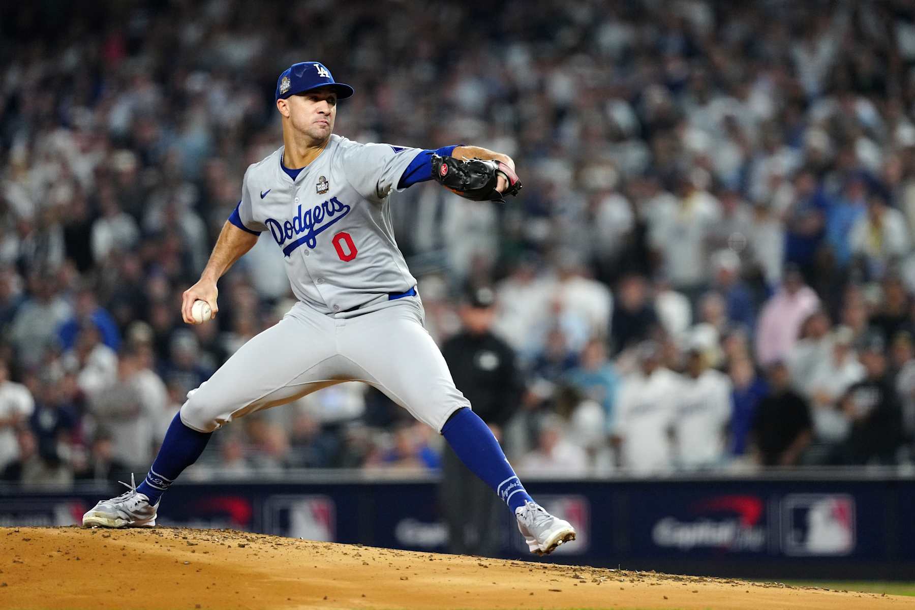 NEW YORK, NY - OCTOBER 30: Jack Flaherty #0 of the Los Angeles Dodgers pitches during Game 5 of the 2024 World Series presented by Capital One between the Los Angeles Dodgers and the New York Yankees at Yankee Stadium on Wednesday, October 30, 2024 in New York, New York. (Photo by Daniel Shirey/MLB Photos via Getty Images)