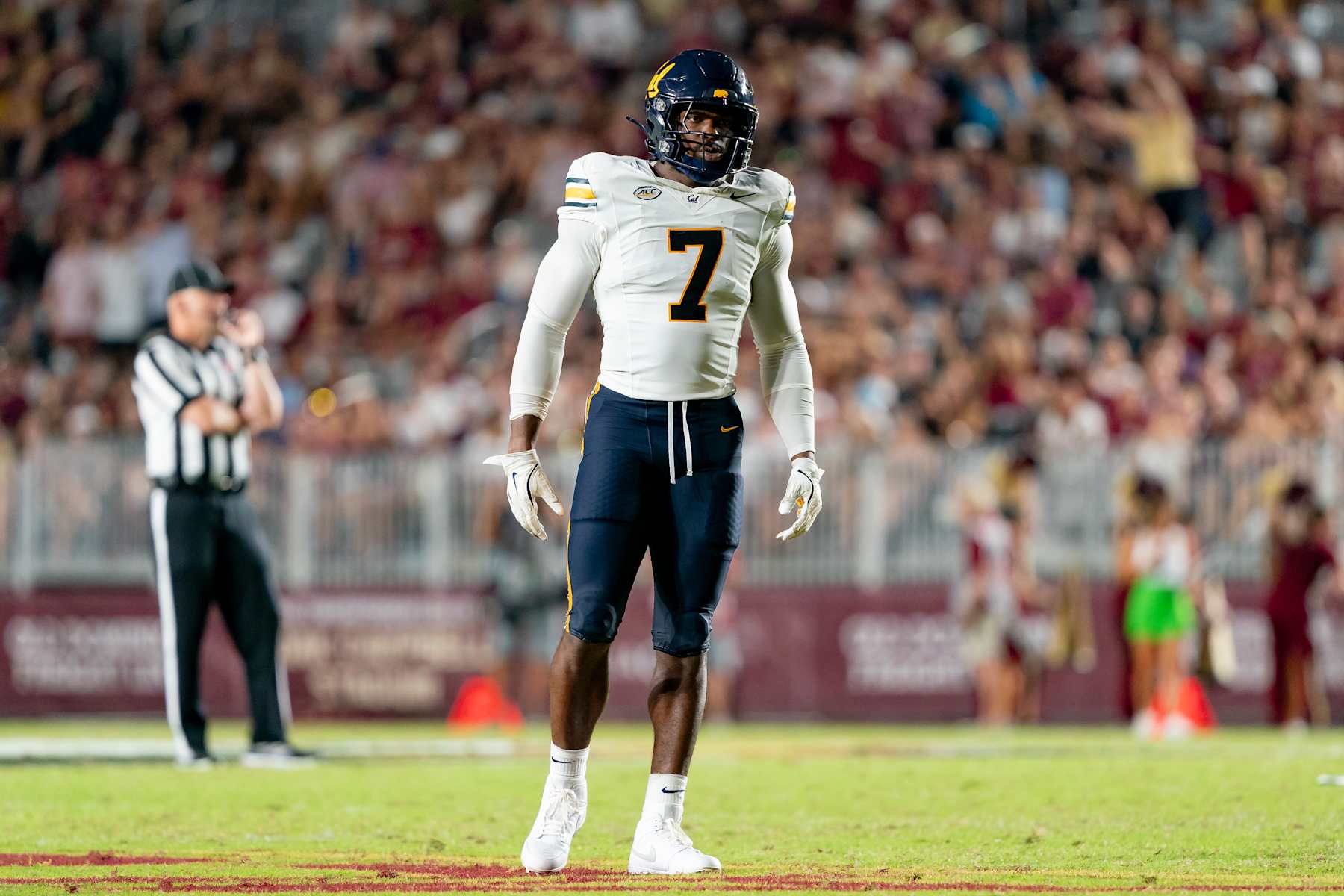 TALLAHASSEE, FL - SEPTEMBER 21: California Golden Bears linebacker David Reese (7) walks on the field during a college football game between the California Golden Bears and the Florida State Seminoles on September 21st, 2024 at Doak Campbell Stadium in Tallahassee, FL. (Photo by Chris Leduc/Icon Sportswire via Getty Images)